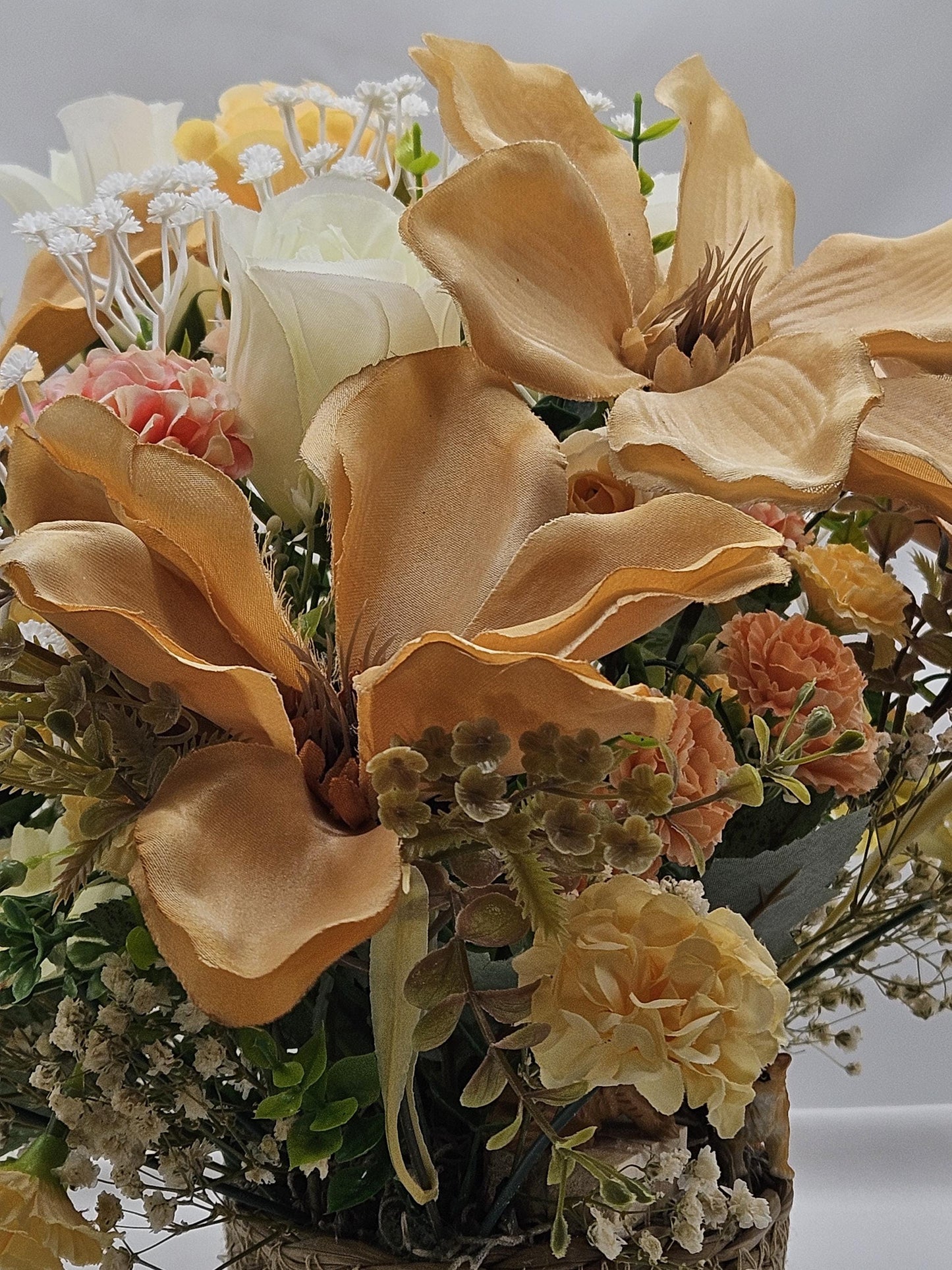 A Purr-fectly Stunning Floral Arrangement w/2 Tabby Tan Cats at the Front of Tan Magnolias/White Roses/Other Florals/Baby's Breath