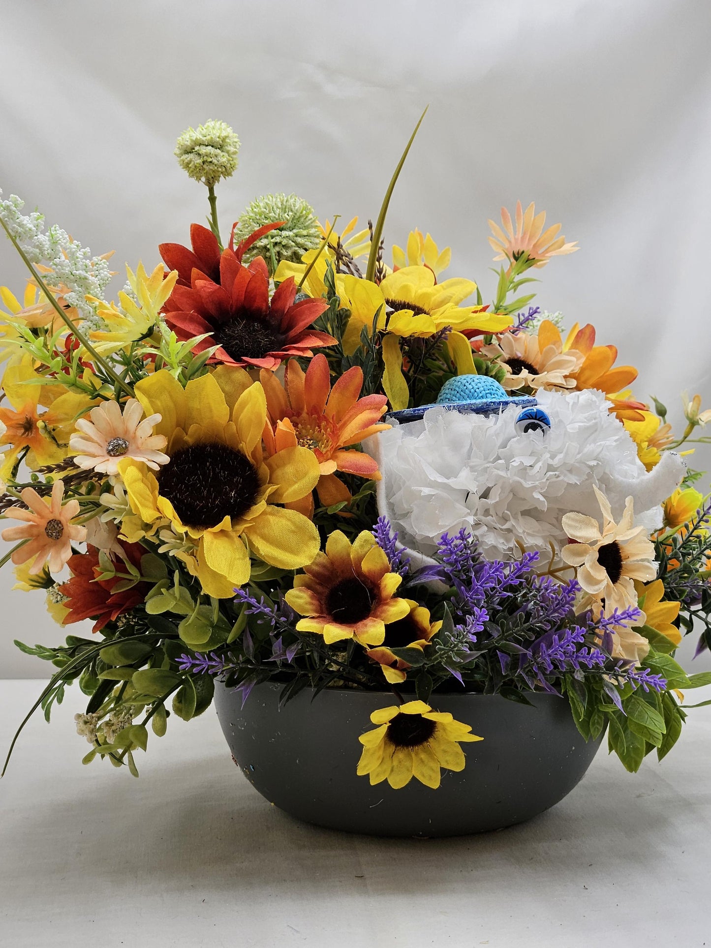 Faux Silk Carnation Elephant Flower Arrangement Amidst Colorful Wildflowers, Elephant Lover Gift, Birthday, Get Well, Thinking of You Gift
