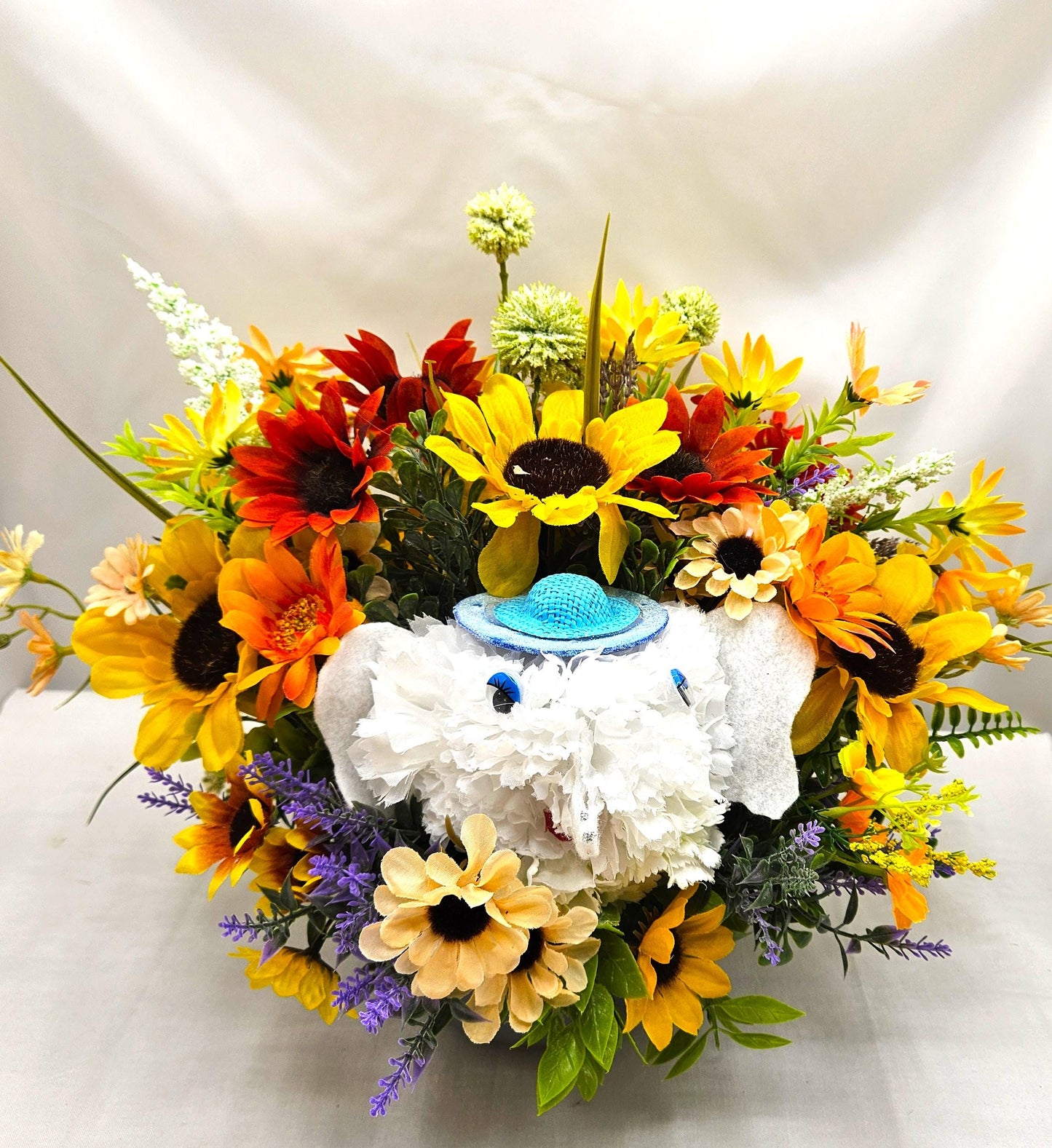 Faux Silk Carnation Elephant Flower Arrangement Amidst Colorful Wildflowers, Elephant Lover Gift, Birthday, Get Well, Thinking of You Gift