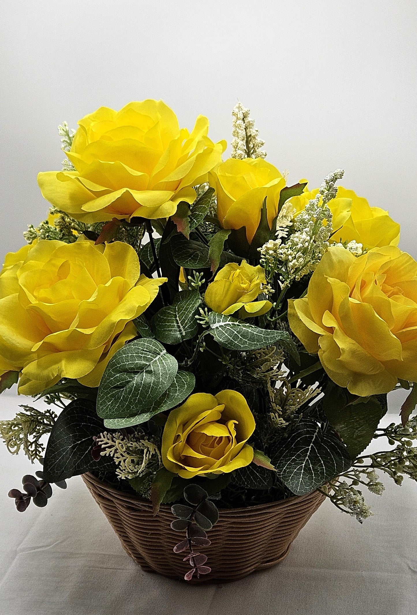 Floral Elegance for Mom - Yellow Roses and Baby's Breath Centerpiece, Ideal Mother's Day Gift for Home