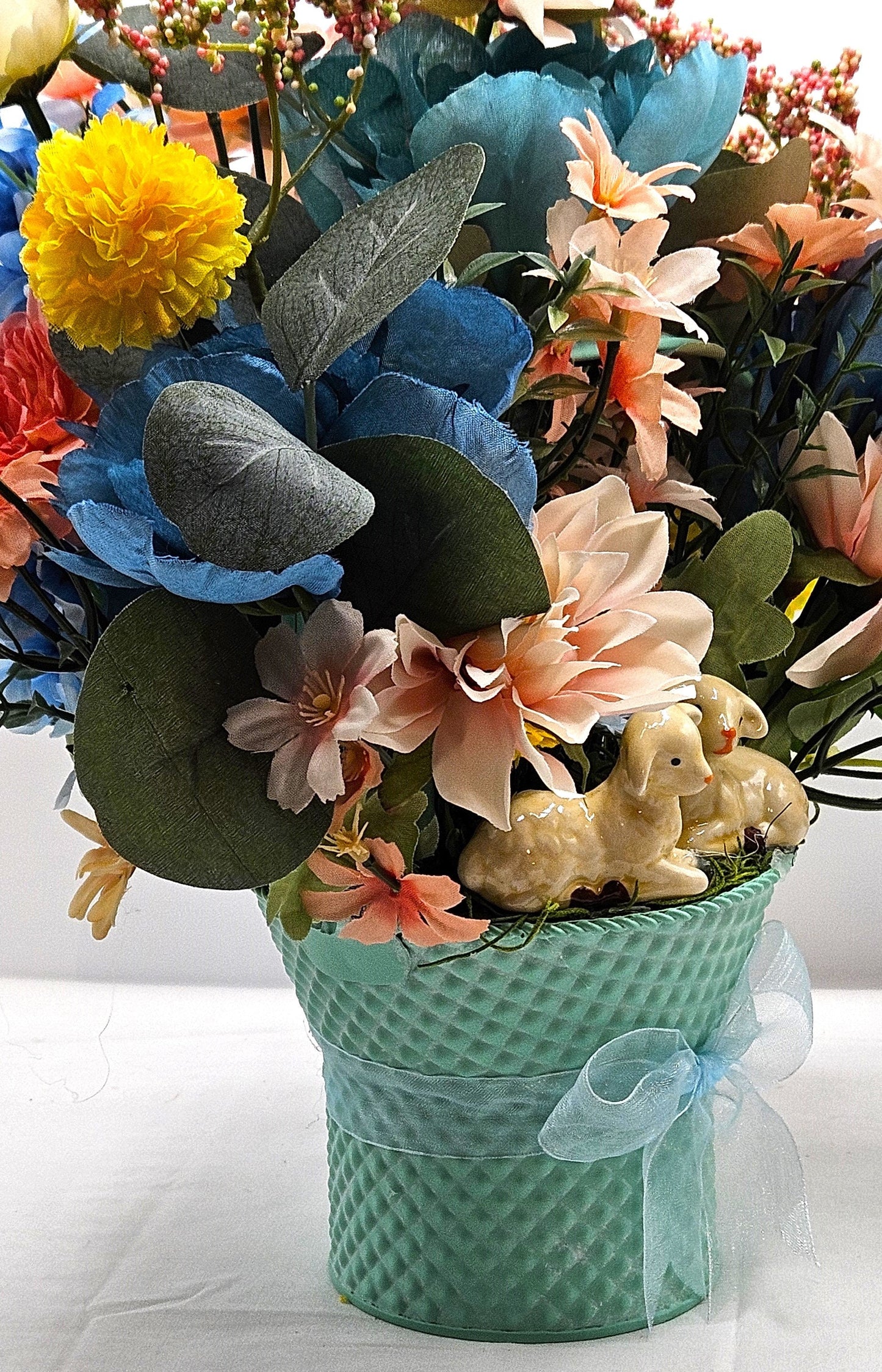Charming Aqua Blue Metal Basket, Adorable Lambs Featuring, Pastel Spring Flowers, Sheer Ribbon Accent, Easter Decor