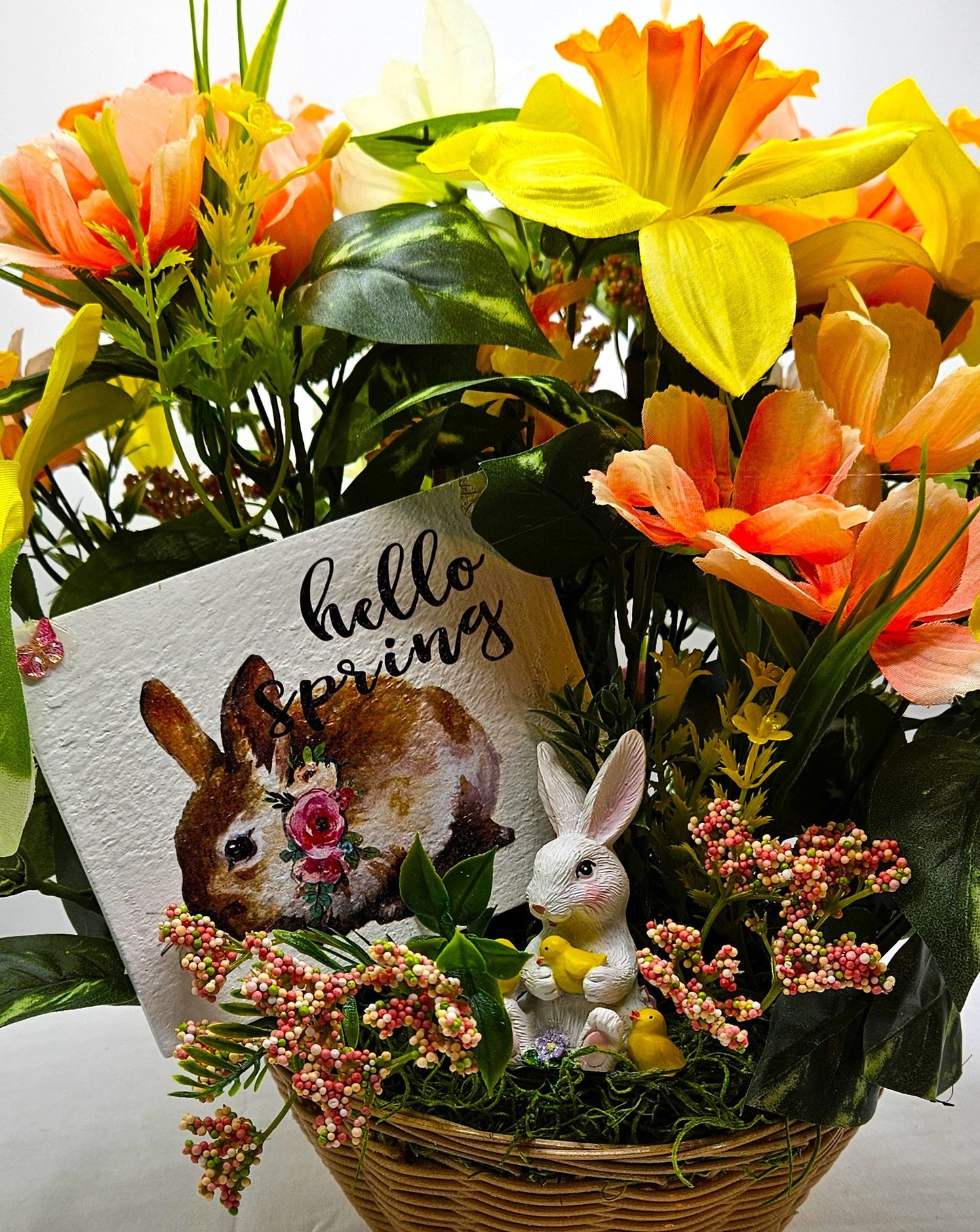 Hello Spring Flower Arrangement Featuring Cute Bunnies Amidst Daffodils, Cosmos, Peonies and Other Spring Flowers and Greenery