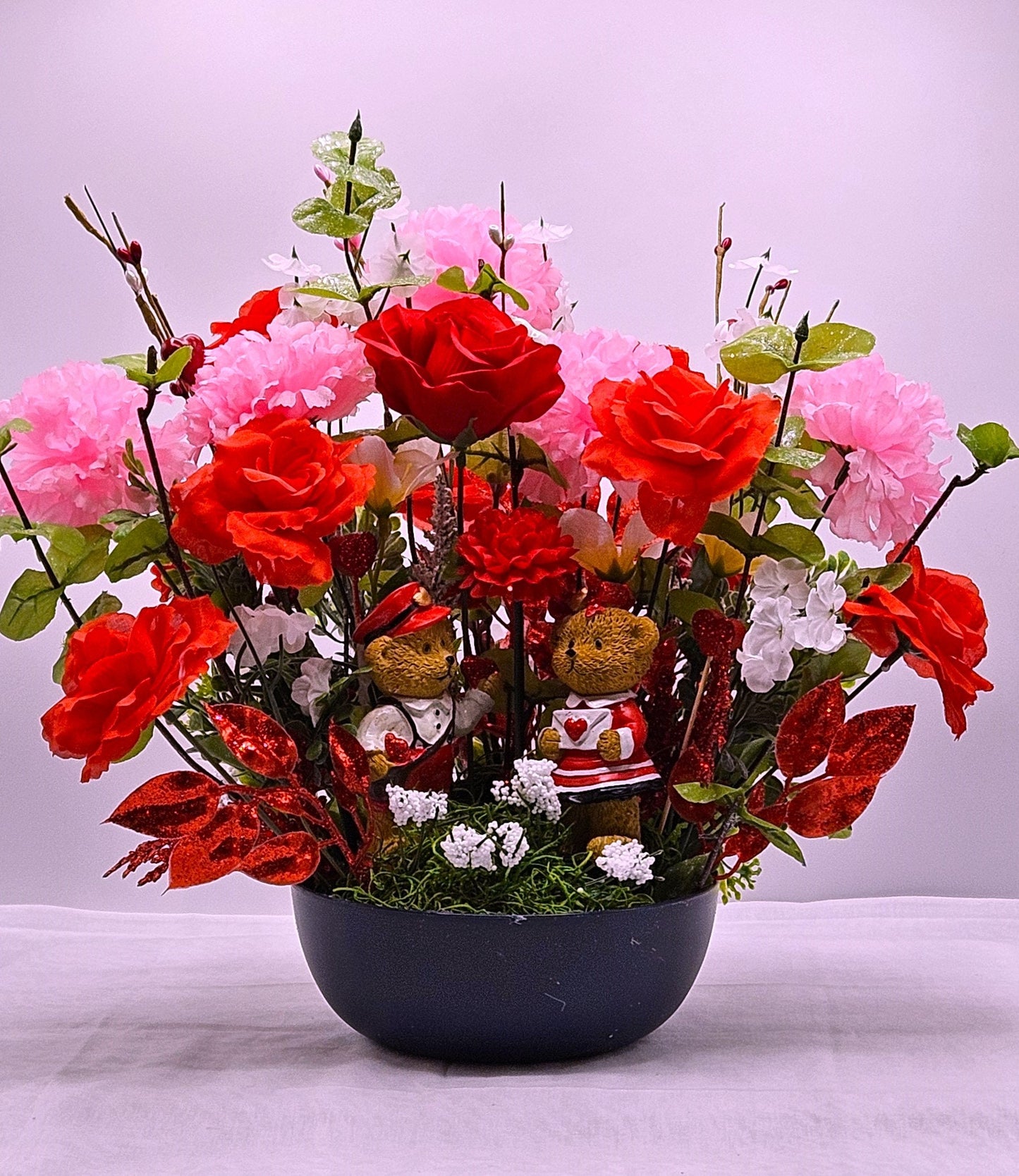 Romantic Centerpiece Sweetheart Bears, Bear Figures with Red Roses, Pink Carnations, Valentine's Gift