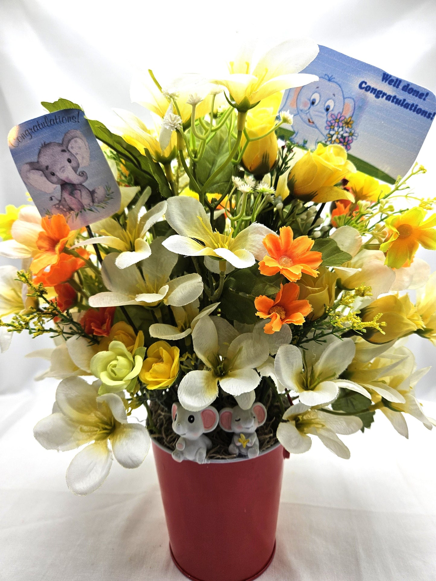 Congratulations Elephant Flower Arrangement - Yellow & White Flowers in Red Bucket, with Heartfelt Messages, Congratulations Gift