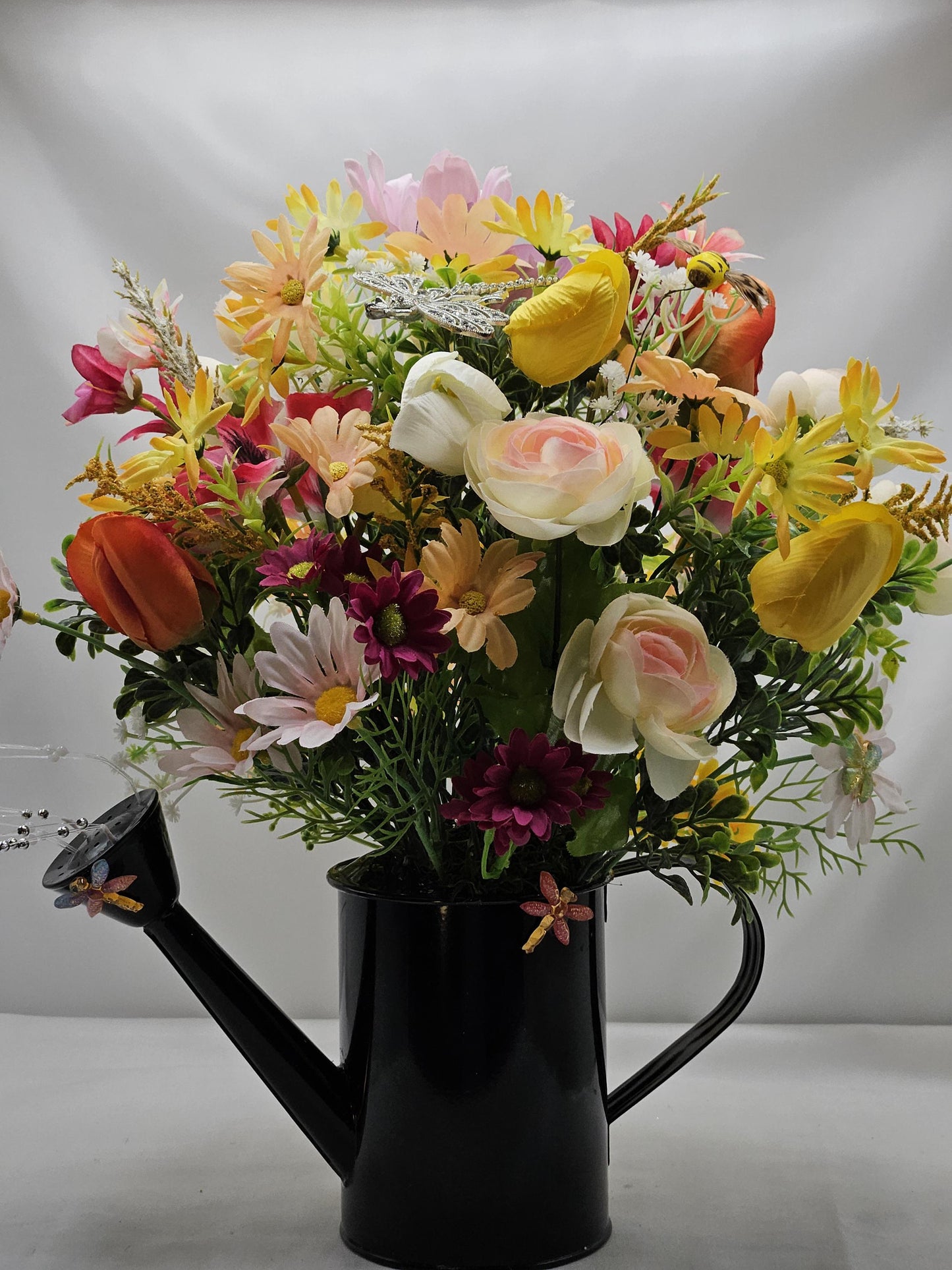 Dragonflies with Flowers - One Option Left to Brighten Your Spring/Summer W/Colorful Spring/Summer Blooms in Black Watering Can