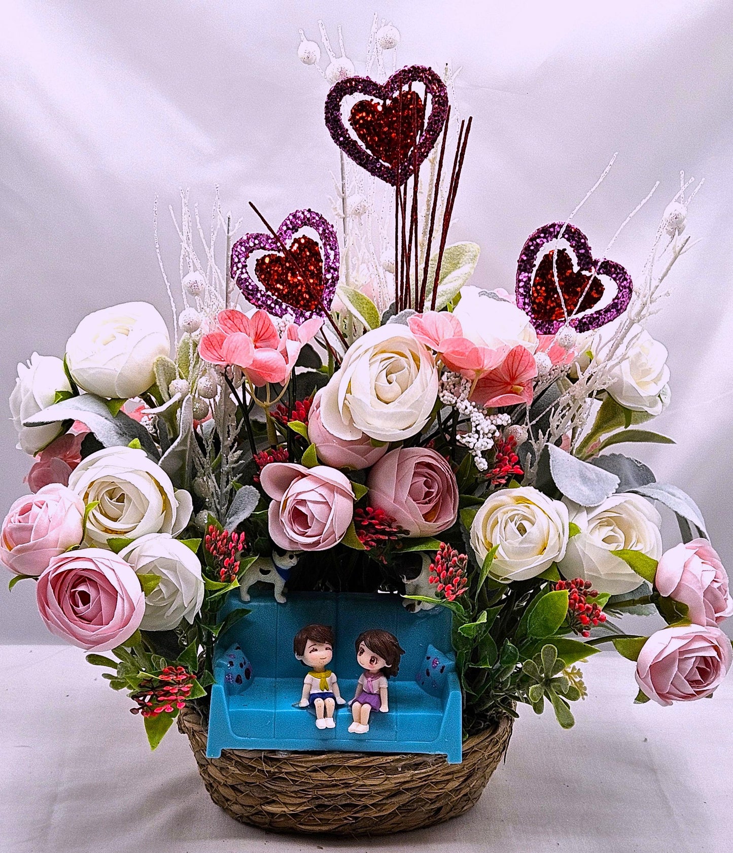 Romantic Couple On Sofa With Puppy And Kitty, Garden Roses, Glittery Hearts, Valentine Gift, I Love You Present