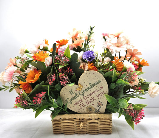 Vintage basket for Great Grandma Gift, Love Great=Grandma, Vintage Wicker Basket of Multi-color Wildflowers, Happy Birthday Great Grandma