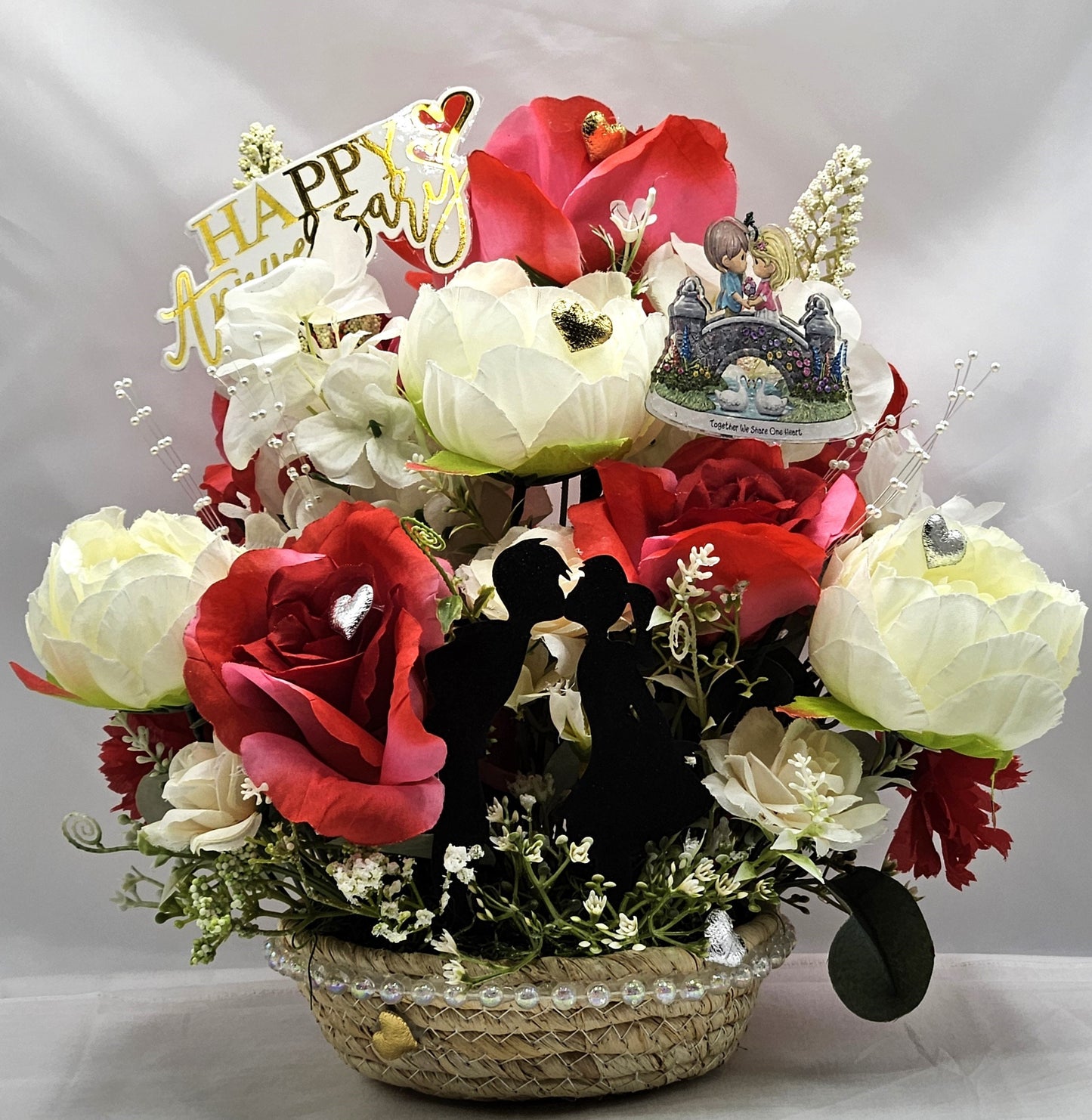 Happy Anniversary Flower Arrangement Features Shadow Kissing Couple, Sentimental Sign, Together We Share One Heart, Shiny Hearts/Pearl Trim