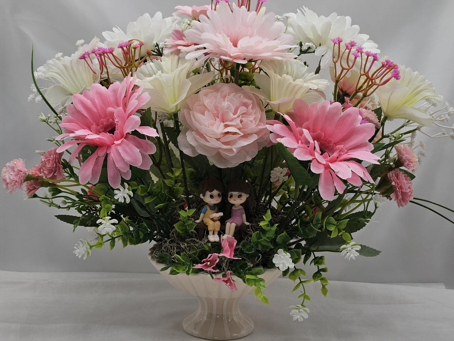 Lovers in a Floral Garden, 2 Options/A Boy's Proposal in Blue/White or Couple Reading in Pink/White/Silk/Foam Roses/Multiple Flowers/Greens