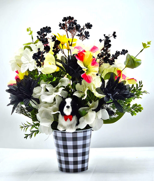 Unique Dog Enriched Black and White Floral Decor with Touch of Pink and Yellow in Black and White Checkered Pot