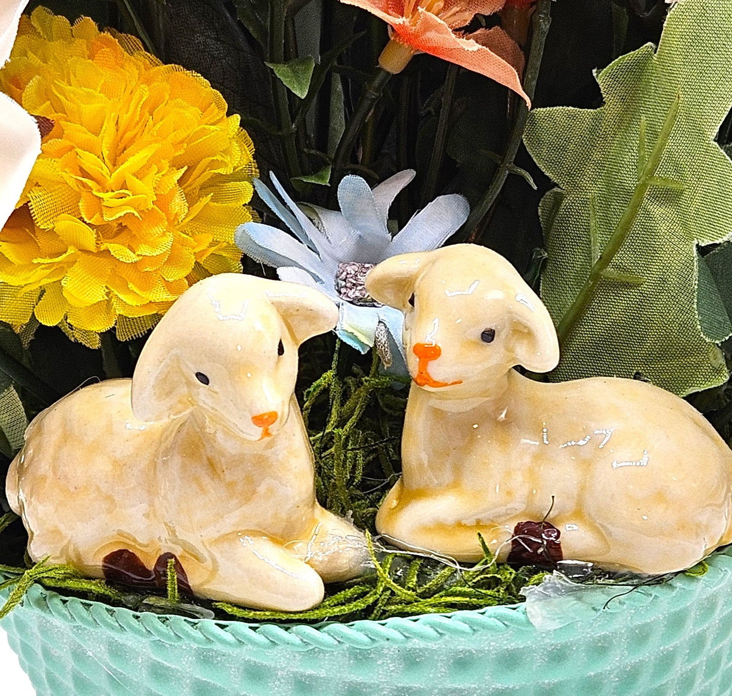 Charming Aqua Blue Metal Basket, Adorable Lambs Featuring, Pastel Spring Flowers, Sheer Ribbon Accent, Easter Decor