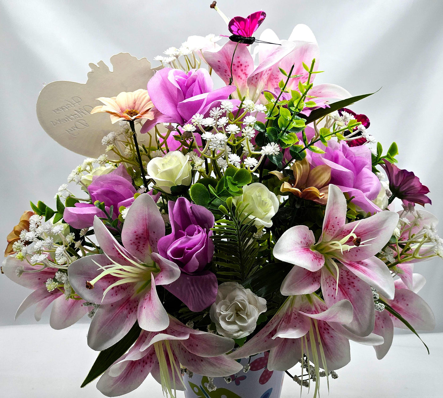 Love To Mom, Happy Mother's Day, I Love You Mom Floral Arrangement/Gift, 2 Options/Mother And Child/ Orange/Yellow Or Pink/Purple Florals