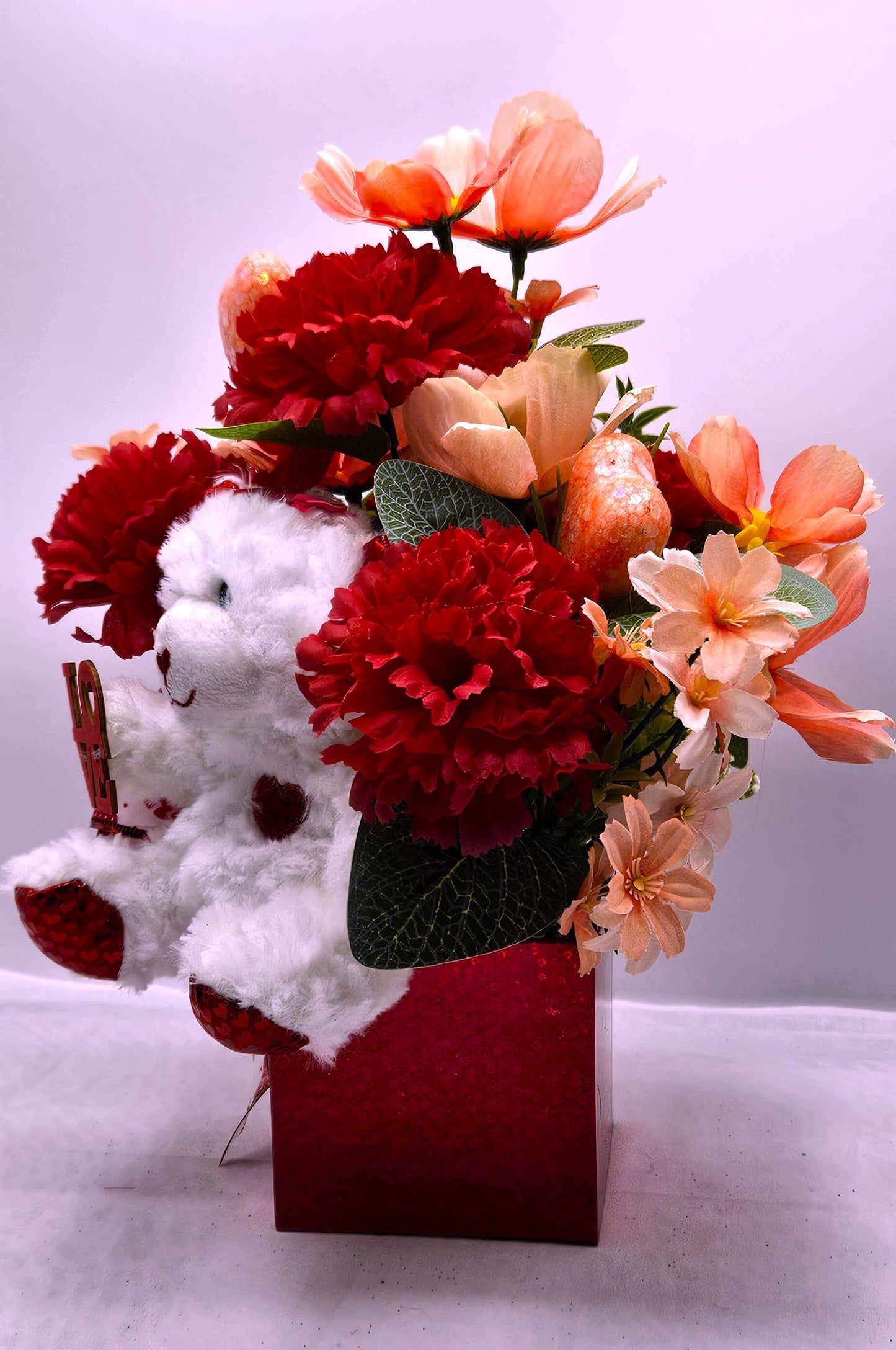 Romantic Flower Arrangement with White Bear Set in Red Gift Box - Red Carnations, Peach/White Florals, Glitter Hearts, and a Beautiful Bow"