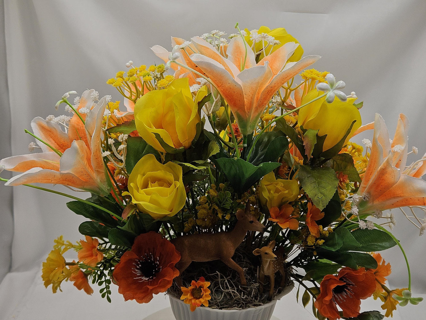 Momma and baby deer frolicking in a floral garden of yellow and orange Lilies, Pansies, Roses/other Florals, Greenery/Baby's Breath/Gifting