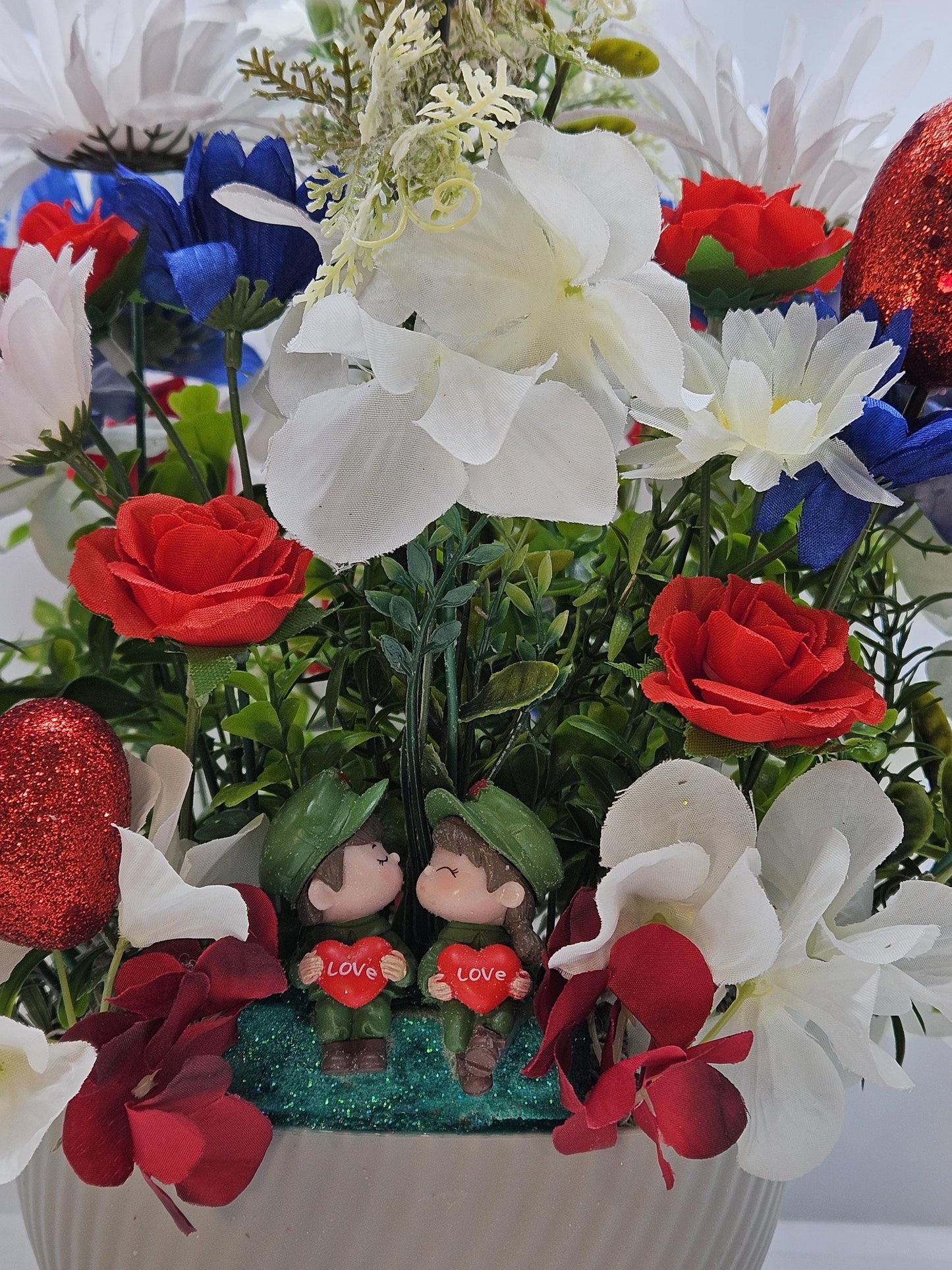 Romantic Flower Arrangement for Military Couple, Grey Plastic Bowl, Artificial Florals, Red Hearts, Love Gift