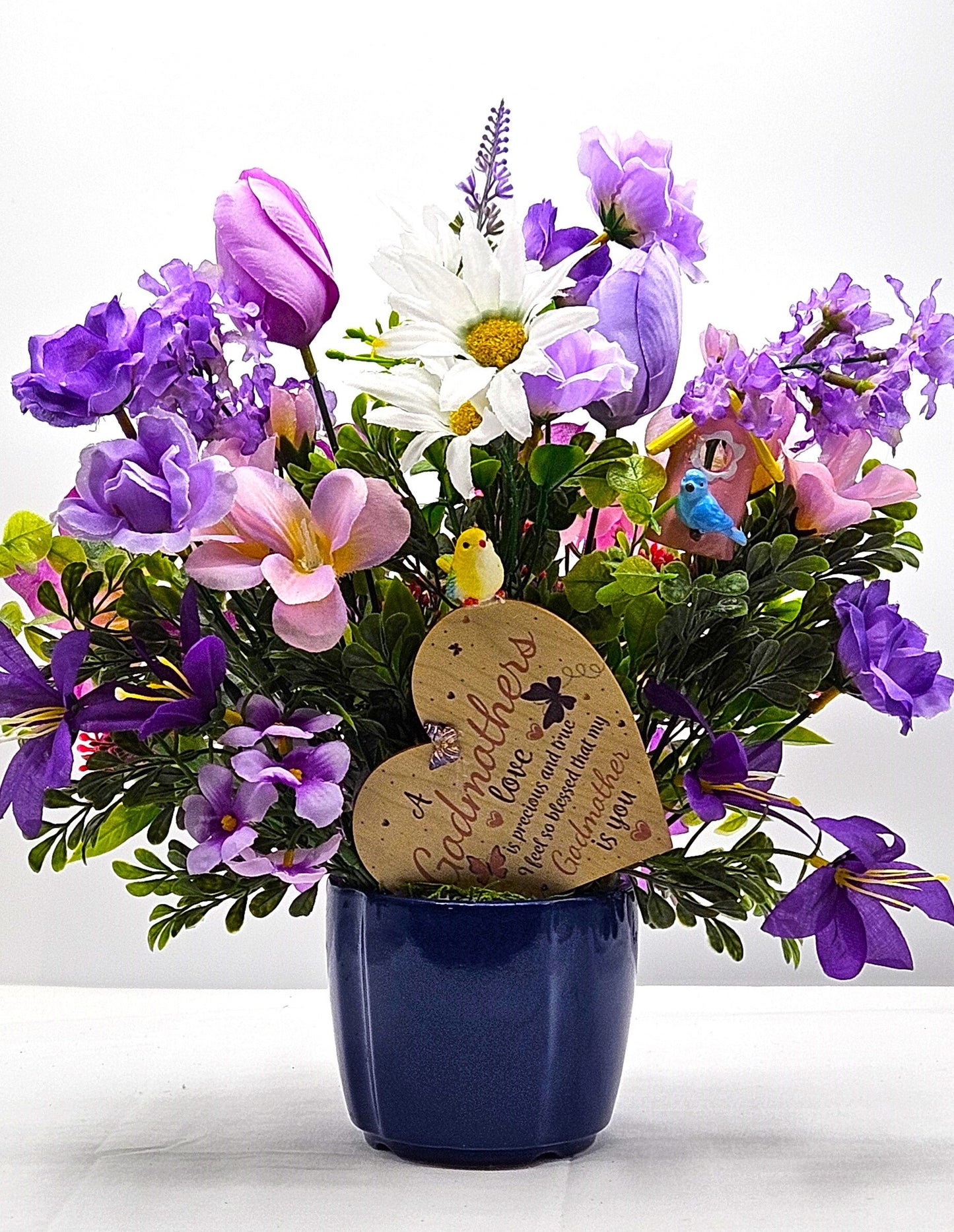 Godmother Gift White Daisies Purple Lilies Flowers Cute, Cosmos Flower Purple Roses Flower Arrangements Centerpiece Plant Pot Ceramic Unique