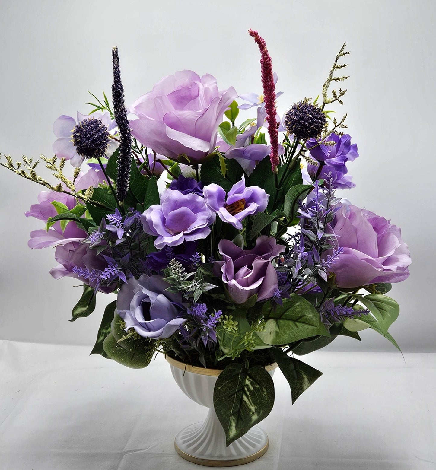 Lilac Rose and Baby's Breath Centerpiece in Footed Dish - Sophisticated Table Accent, Great for Mother's Day or Hostess Gift
