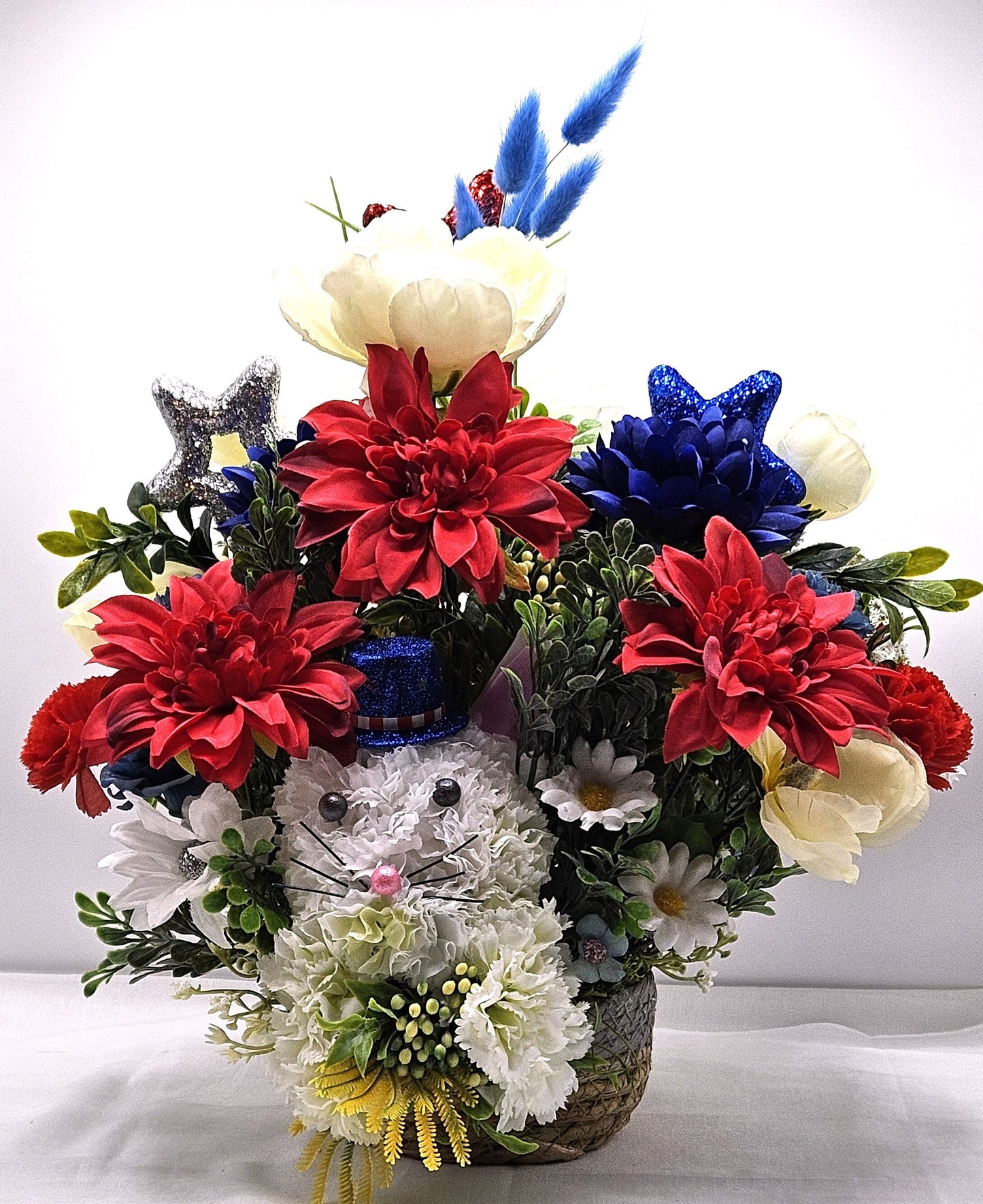 Handmade Carnation Flower Cat, White with Gray Pearl Eyes, Pink Pearl Nose, American Tophat in Red/White/Blue Floral Garden, Patriotic Pride