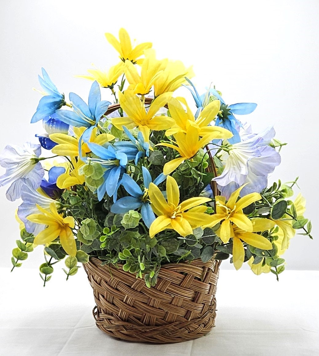 Blue Rabbit In Blue Handmade Spring Flowers Arrangement, Summer Flower Decor, Natural Wicker Basket, Glittery Flowers, Yellow Lilies decor