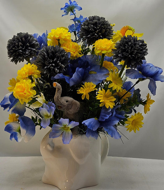 Floral Arrangement featuring Lovely Colorful Blooms in Ceramic Elephant Planter, 2 Options/Blues w/Elephant figurure or Yellow/Orange Floral