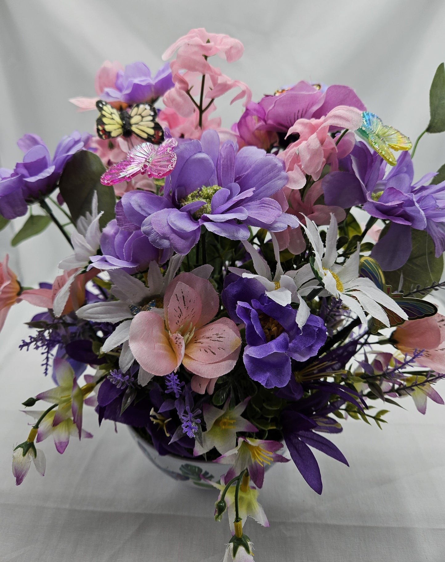 Bowl of Flowers for the Butterfly Lover,  Purple/Pink flowers, Several buterflies within the floral garden, Great Butterly Lover Gift