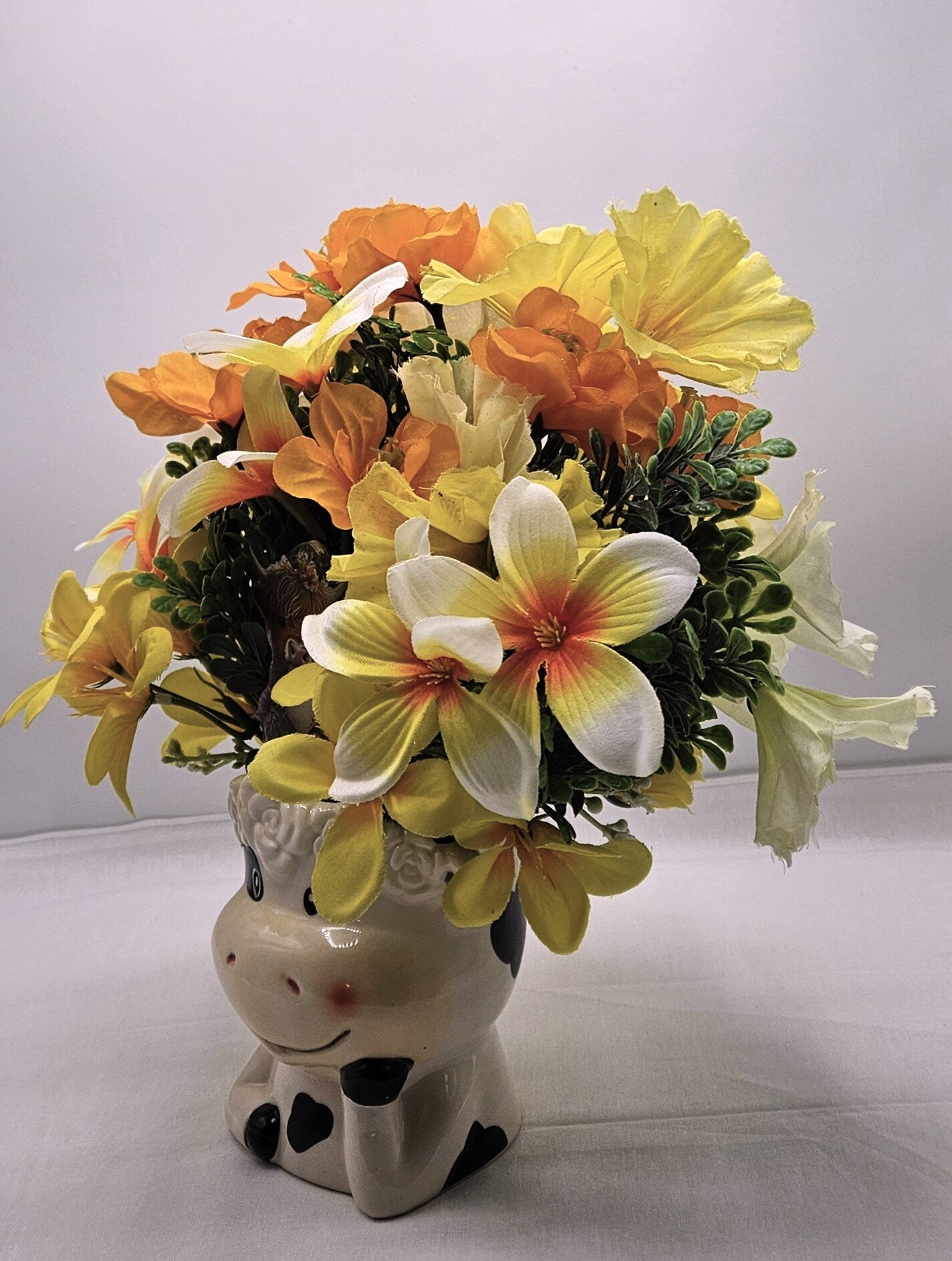 Adorable Cow Ceramic Flower Arranngement, Whimsical Cow Adorned with peach/orange/yellow Lilies/Cosmos/Petunias, Cow Lover Gift, Farmhouse