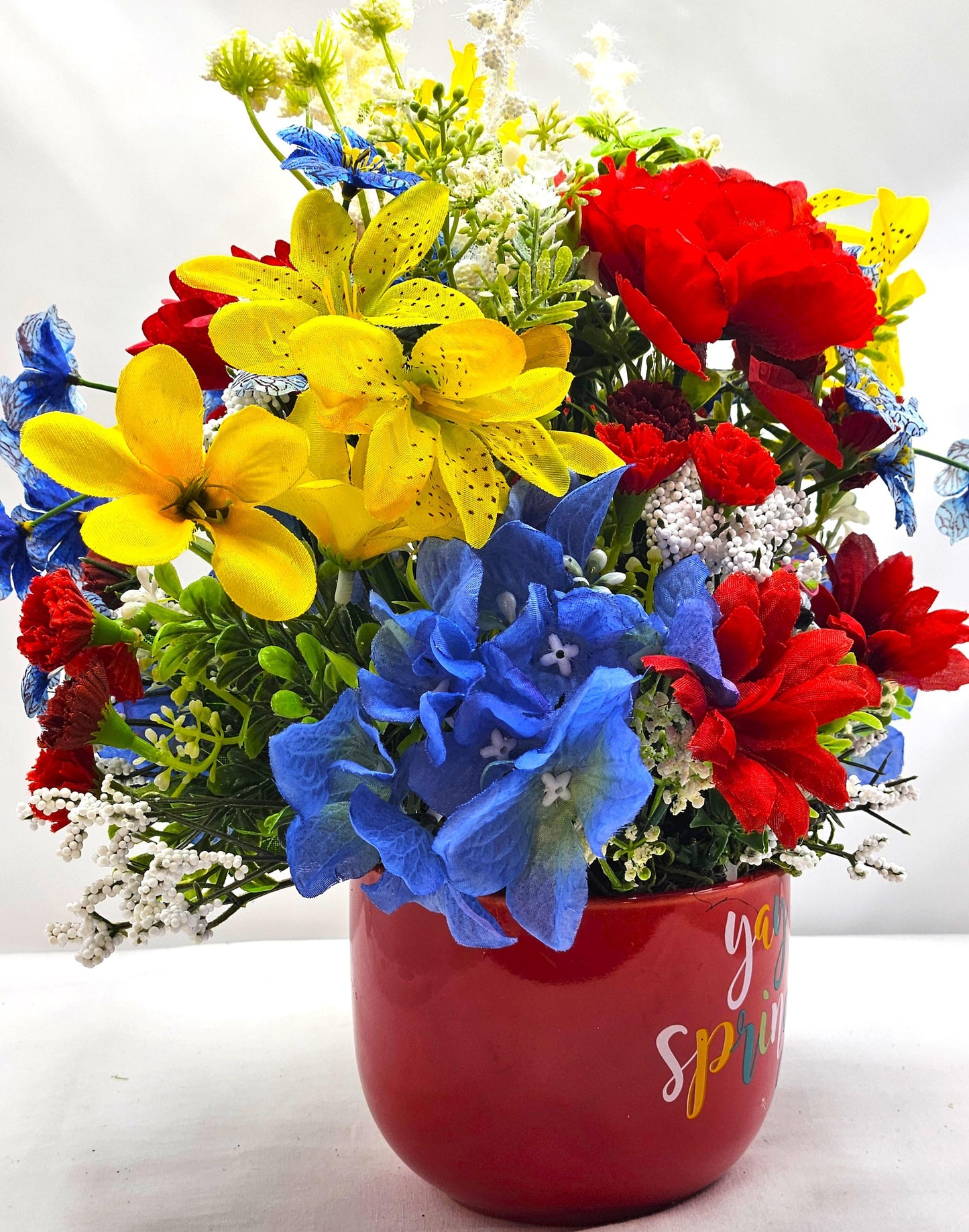 Yay, Spring is Sprung, Floral in Red Ceramic Mug, Cheery Bird Sits in Front of Vibrant Red/Yellow/Blue Spring/Summer Flowers/Decor/Gifting