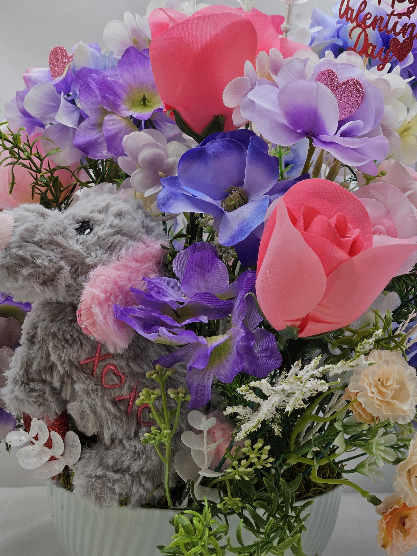 Valentine Romantic Decor, Fluffy Grey Puppy, Pink Roses Magic, Purple Flowers, White Glitter Shine, Gift, Greenery
