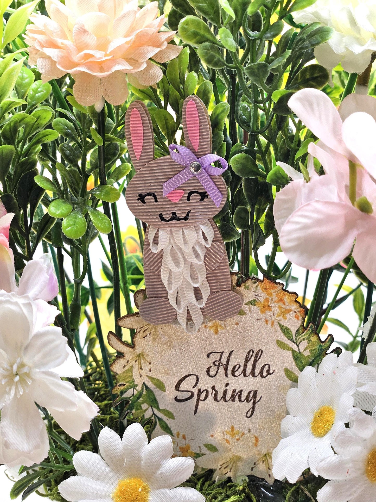 Cheery Hello Spring Floral with Cute Rabbits, Pansies, Daisies, Tulips and Other Vibrant Wildflowers in an Elegant Plastic Footed Bowl