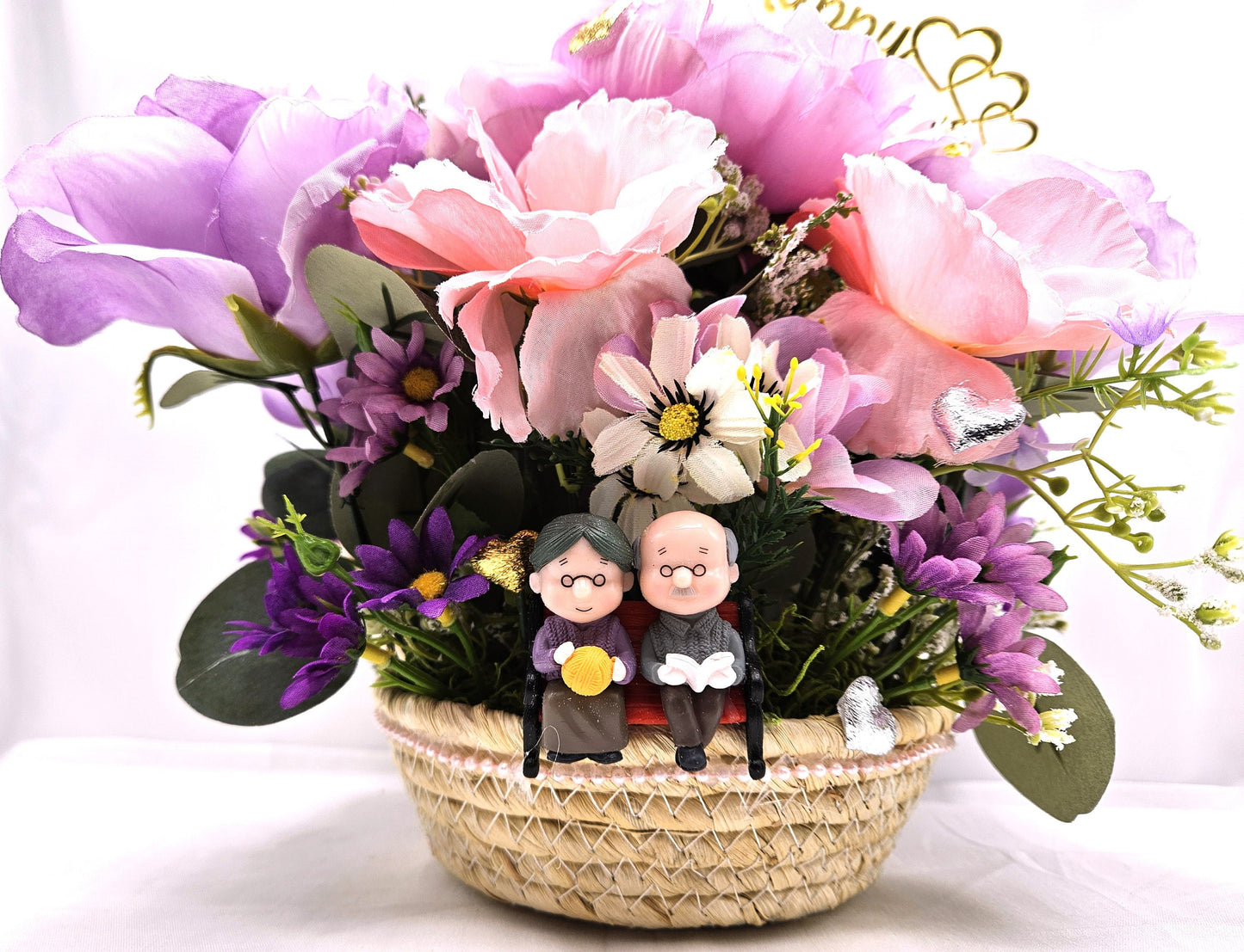 Grandparents, Parents  Happy Anniversary Flower Arrangement in woven basket, Grandma/Grandpa in Love, Roses/Romantic Accents/Lilac/Pink