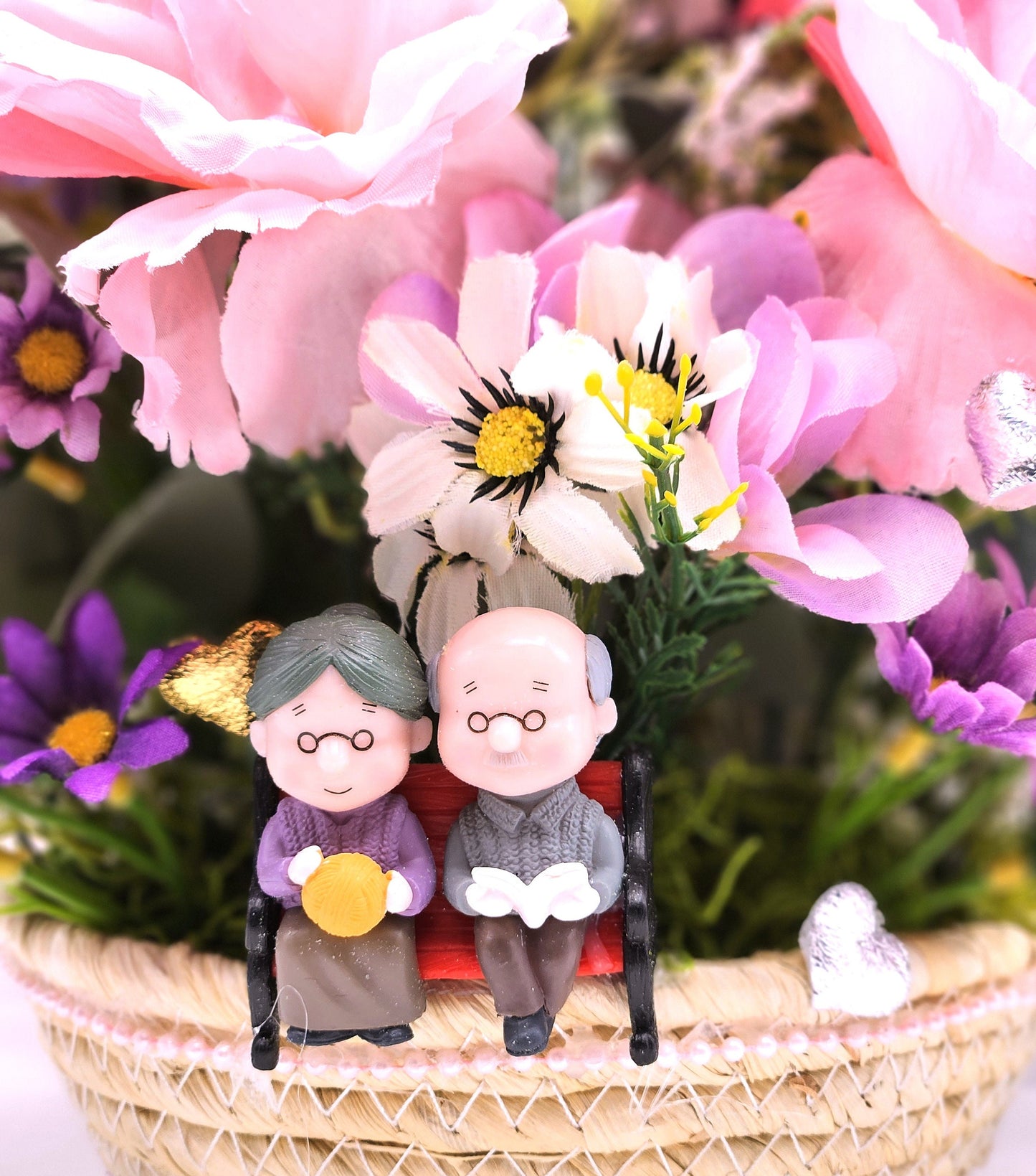 Grandparents, Parents  Happy Anniversary Flower Arrangement in woven basket, Grandma/Grandpa in Love, Roses/Romantic Accents/Lilac/Pink