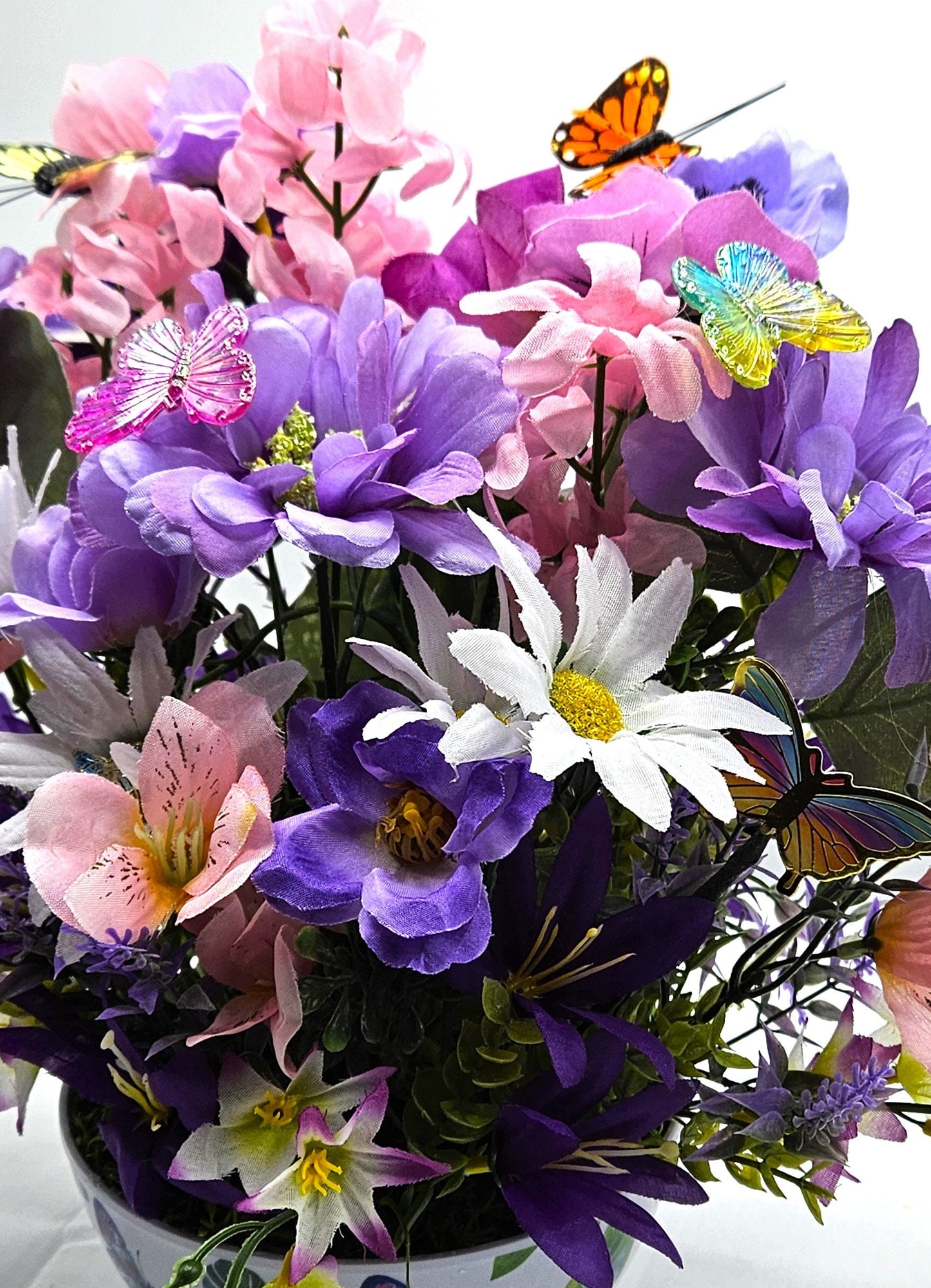 Bowl of Flowers for the Butterfly Lover,  Purple/Pink flowers, Several buterflies within the floral garden, Great Butterly Lover Gift