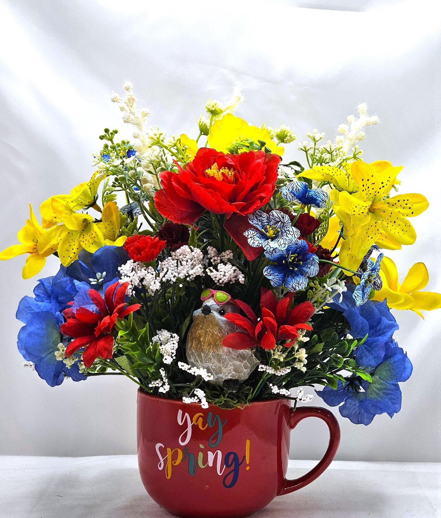 Yay, Spring is Sprung, Floral in Red Ceramic Mug, Cheery Bird Sits in Front of Vibrant Red/Yellow/Blue Spring/Summer Flowers/Decor/Gifting