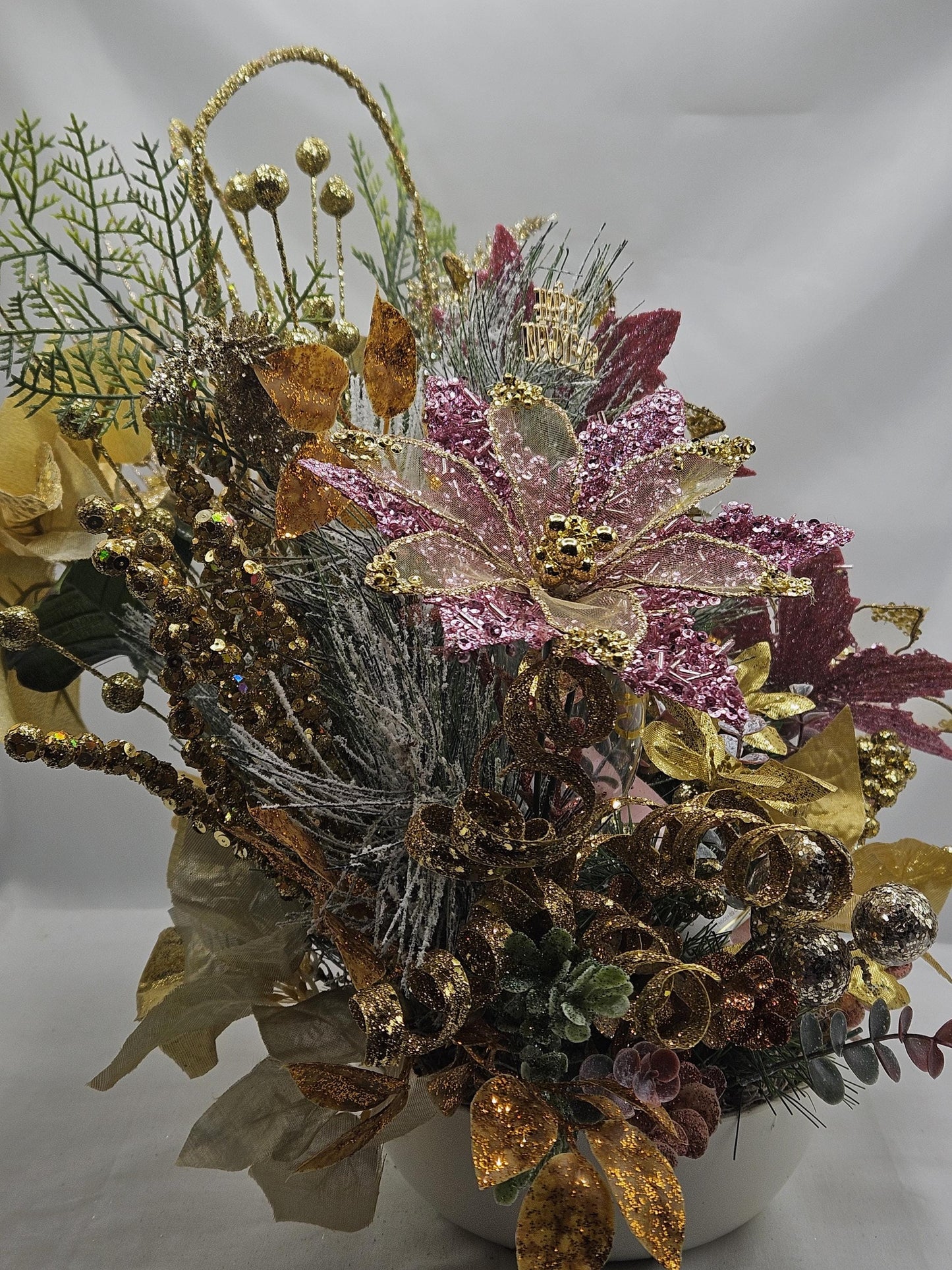 Congratulatory Centerpiece, 2 Options, Gold or Silver, New Year Toast/sparkly Silver or Gold Flowers/Accents/Celebrate in 2025
