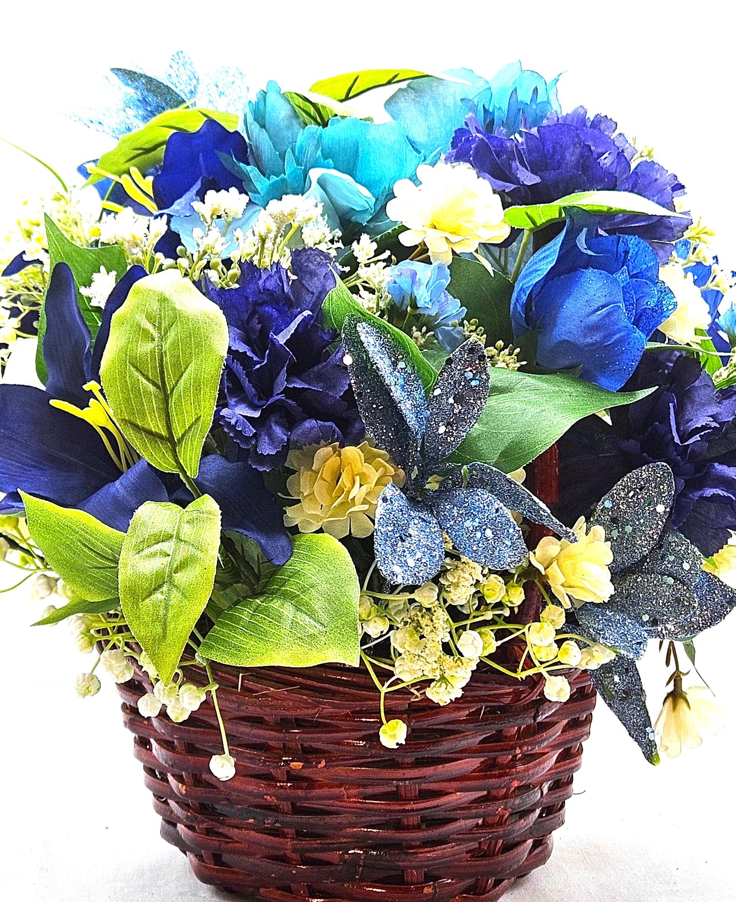 Charming Blue Artificial Flower Basket, Silk Floral Decor, White Accents, Unique Gift for Her, Wedding Decor