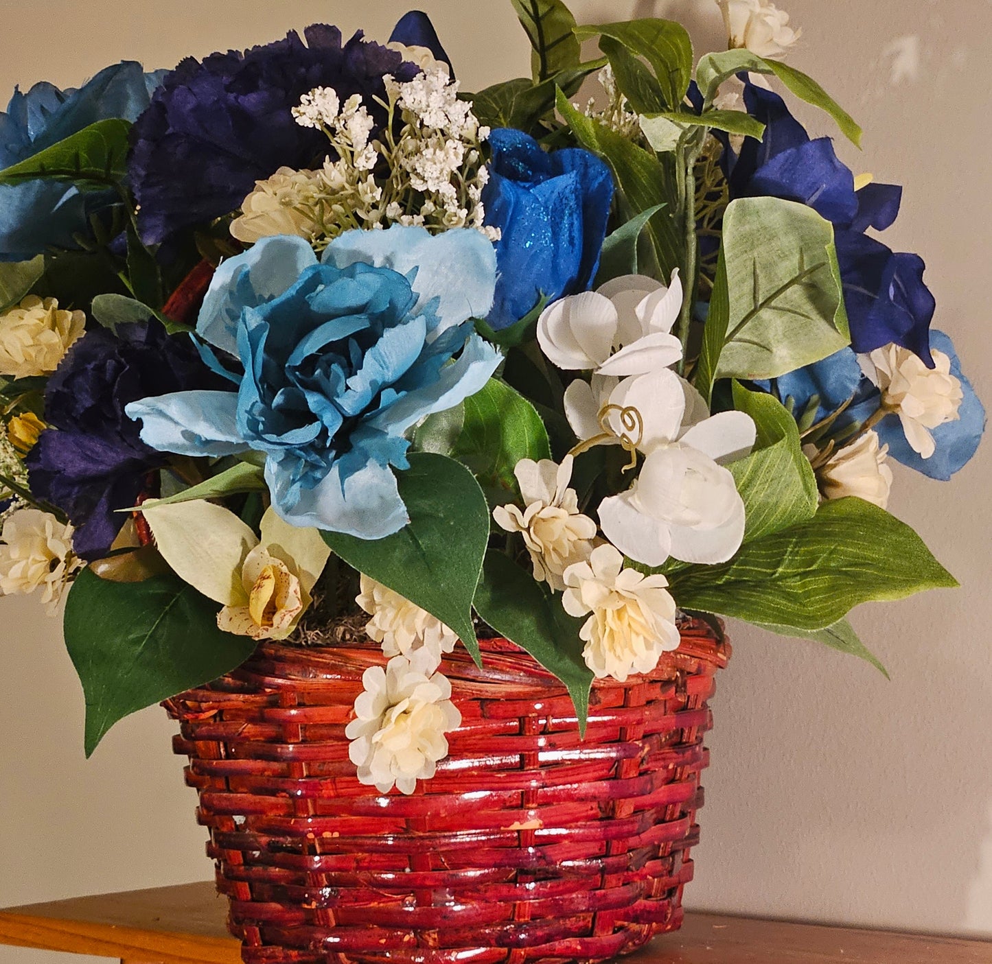 Charming Blue Artificial Flower Basket, Silk Floral Decor, White Accents, Unique Gift for Her, Wedding Decor