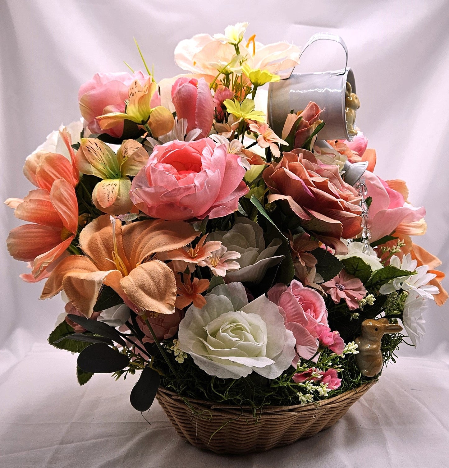 Oval Basket Flower Arrangement, Watering Can, Roses, Wildflowers, Bunnies, Housewarming Gift, Gift for Her