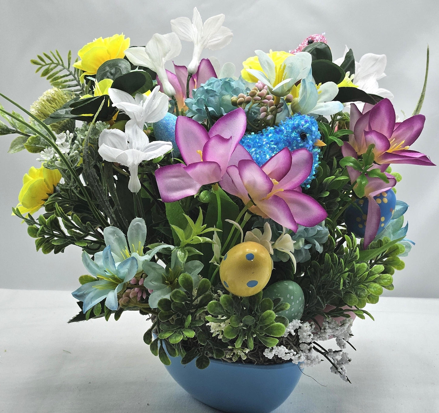 Easter Floral Set in Blue Easter Egg Shaped Dish, Geat for Gifting or Decor, Lilac/Blue/White Flowers/Greens, Glitter Chicks/Easter Accents