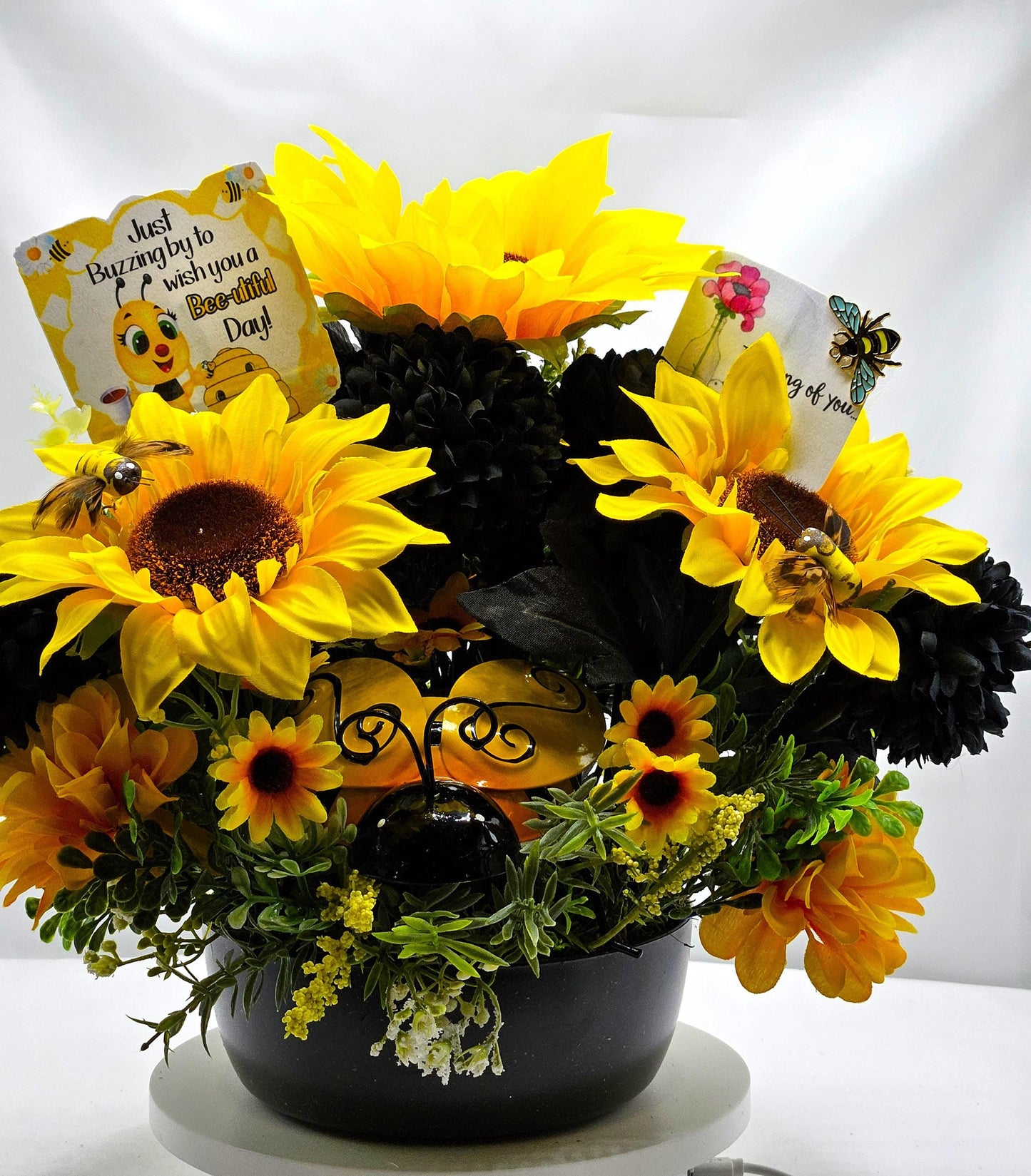 Thinking of You, Buzzing By Bee Lovers Floral Arrangement, Large Bee w/Bee accents, Yellow Sunflowers/Black Carnations Set in Black Bowl
