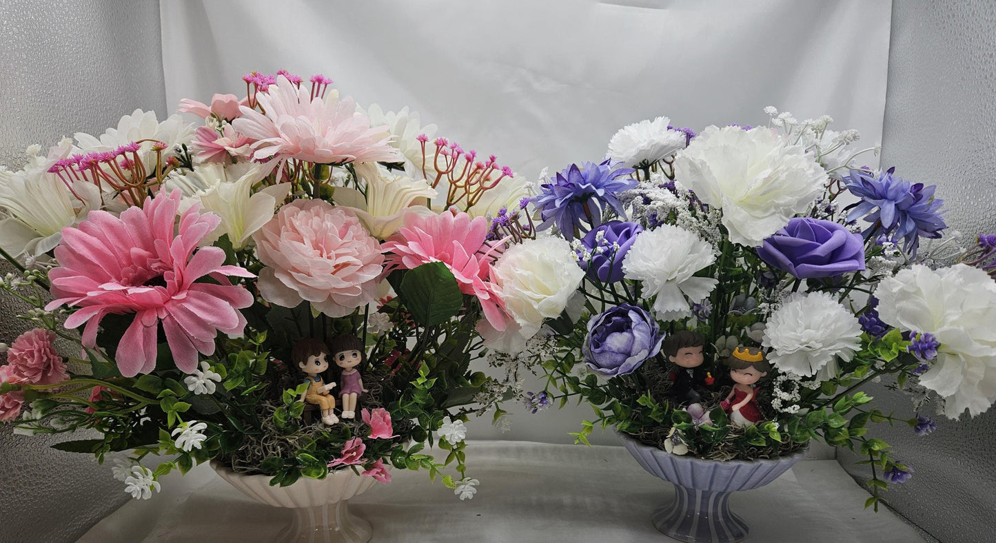 Lovers in a Floral Garden, 2 Options/A Boy's Proposal in Blue/White or Couple Reading in Pink/White/Silk/Foam Roses/Multiple Flowers/Greens