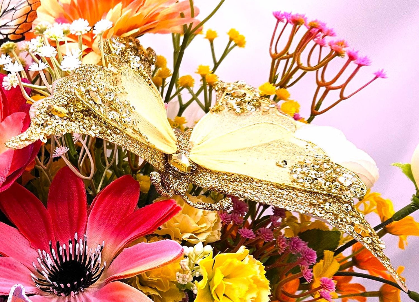 Butterfly Lover's Delight Floral Centerpiece/White Mug Adorned w/MLoths and Butterflies/Large Gold Butterfly Accent/Pink/Yellow/White Floral