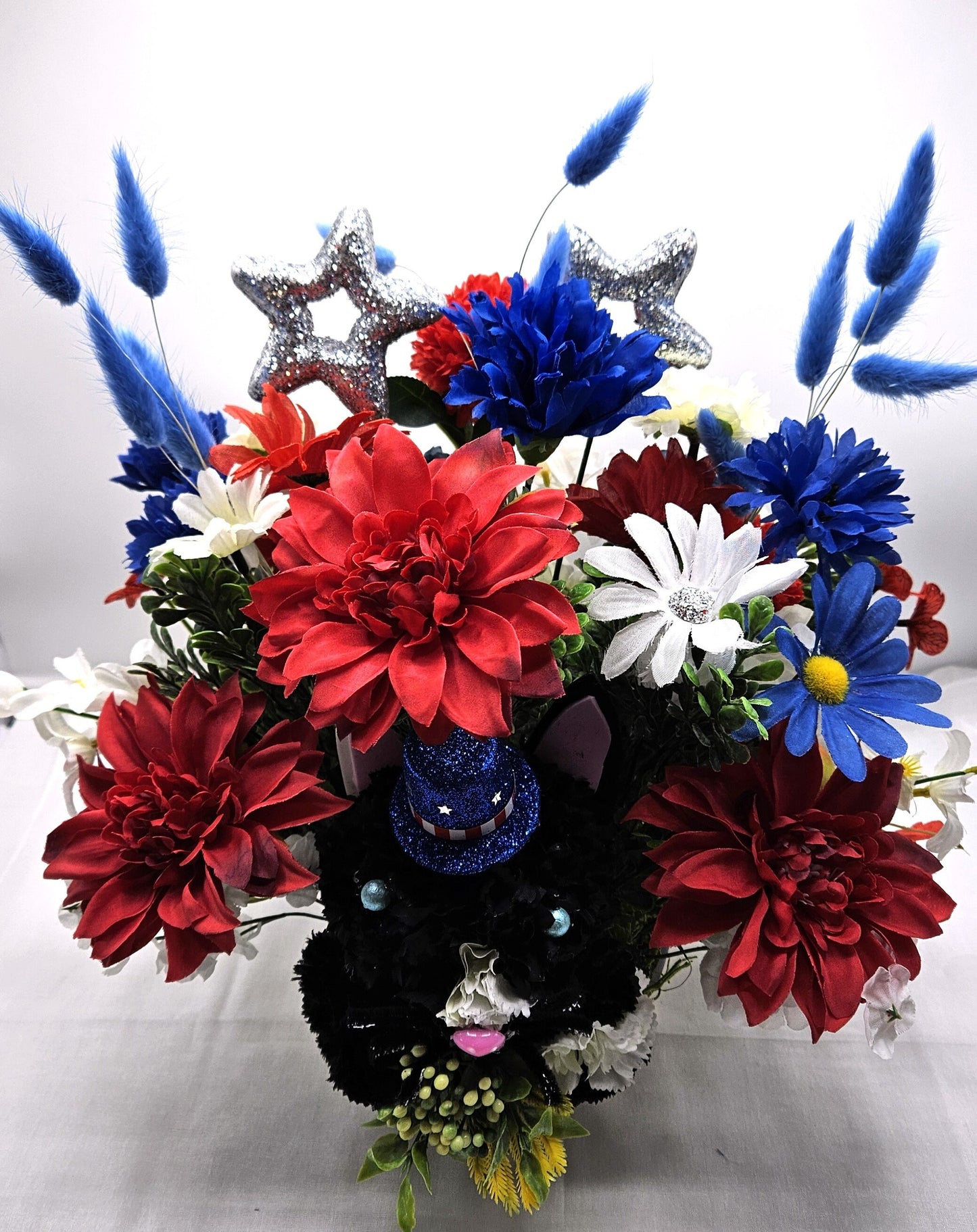 Black Silk Carnation Cat, Patriotic Hat, Pink Nose, Blue Eyes, Garden Cat Decor, Red White Blue Flowers, Cat Lover Gift