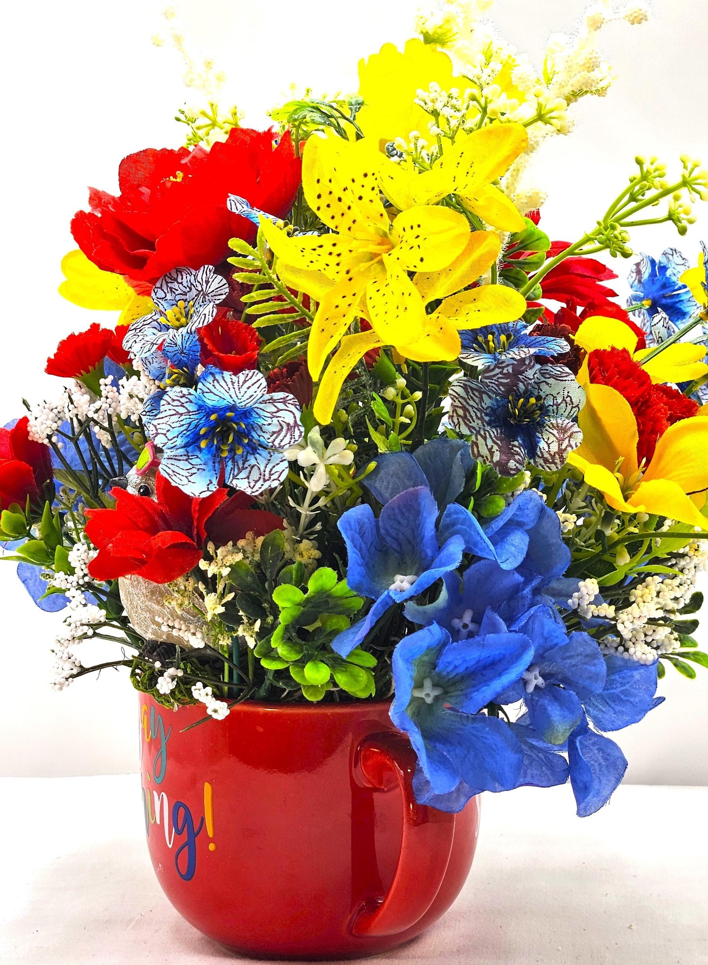 Yay, Spring is Sprung, Floral in Red Ceramic Mug, Cheery Bird Sits in Front of Vibrant Red/Yellow/Blue Spring/Summer Flowers/Decor/Gifting