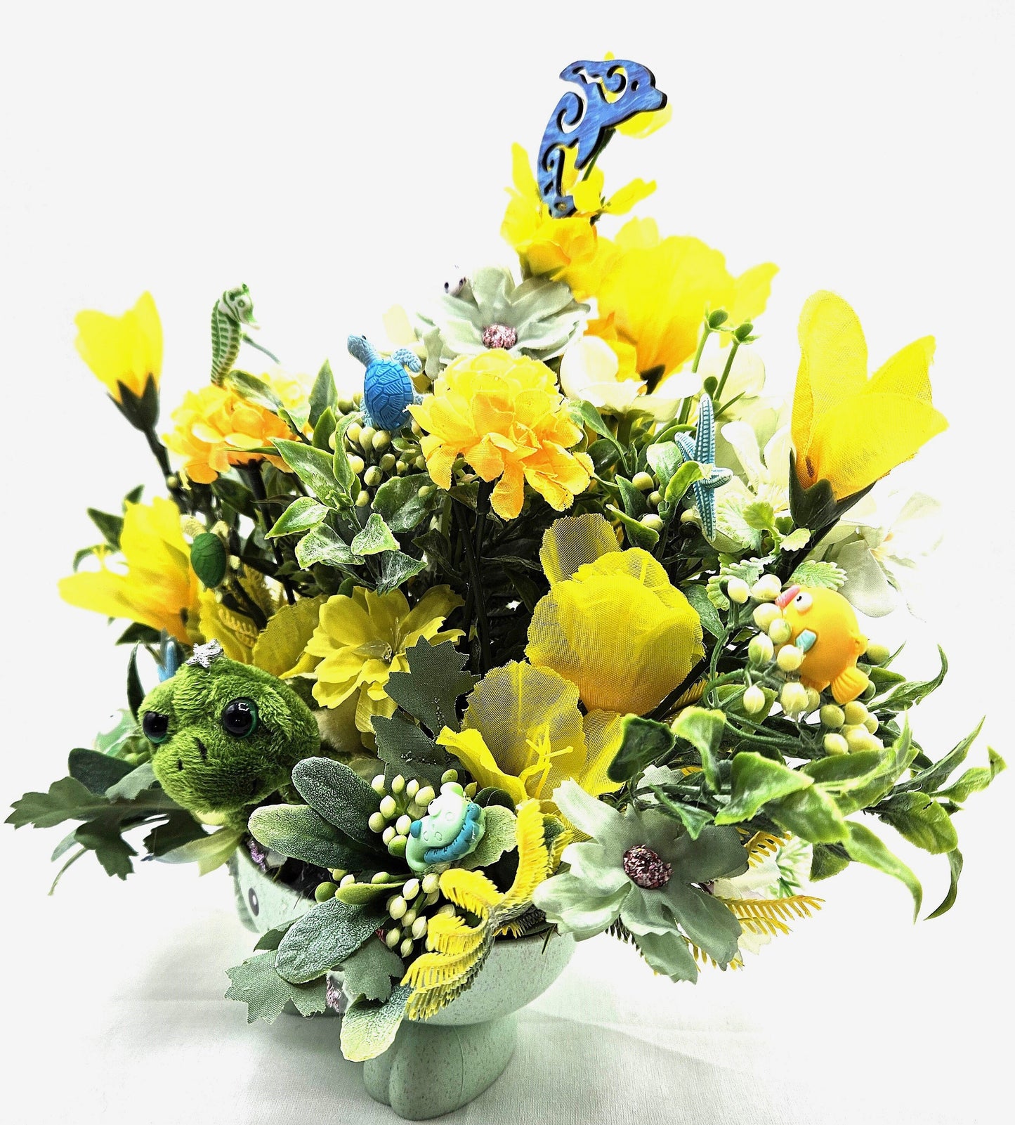 Turtle Lovers Floral Arrangement in Footed Dish/Plush Turtle   in Green and Yellow Flowers with  Sea Accents