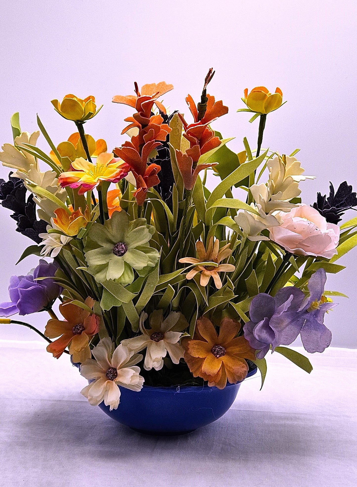 Colorful Spring/Summer Flower Arrangements with Whimsical Rabbit and Chick Accents - Available in Blue, Yellow, or Orange Bowls