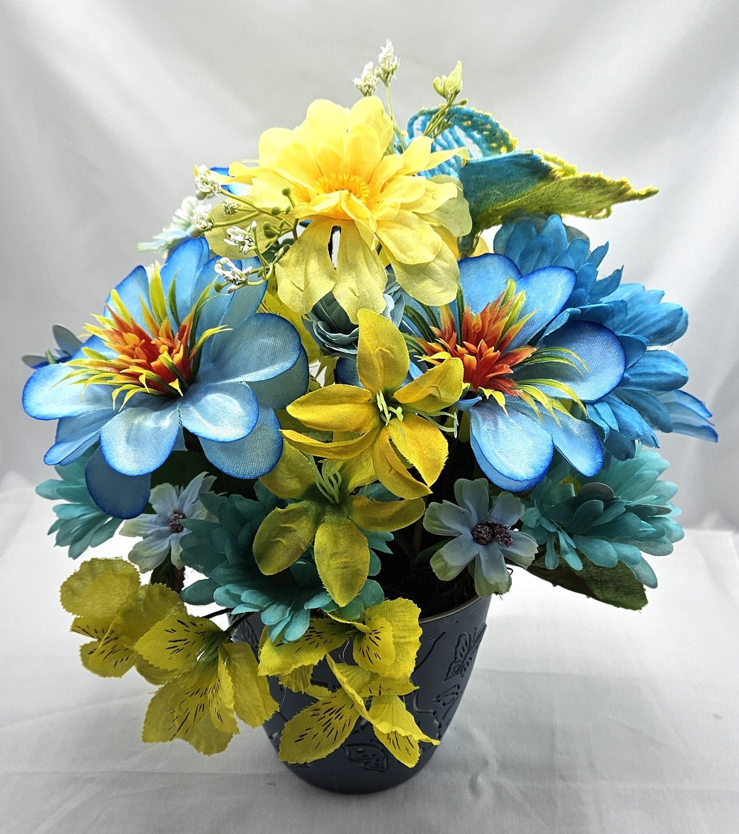 Butterfly Flower Arrangement, Sparkling Butterflies and Florals in Decorated Butterfly Pot, Yellow/Teal Blue Flowers & Butterfly Accents