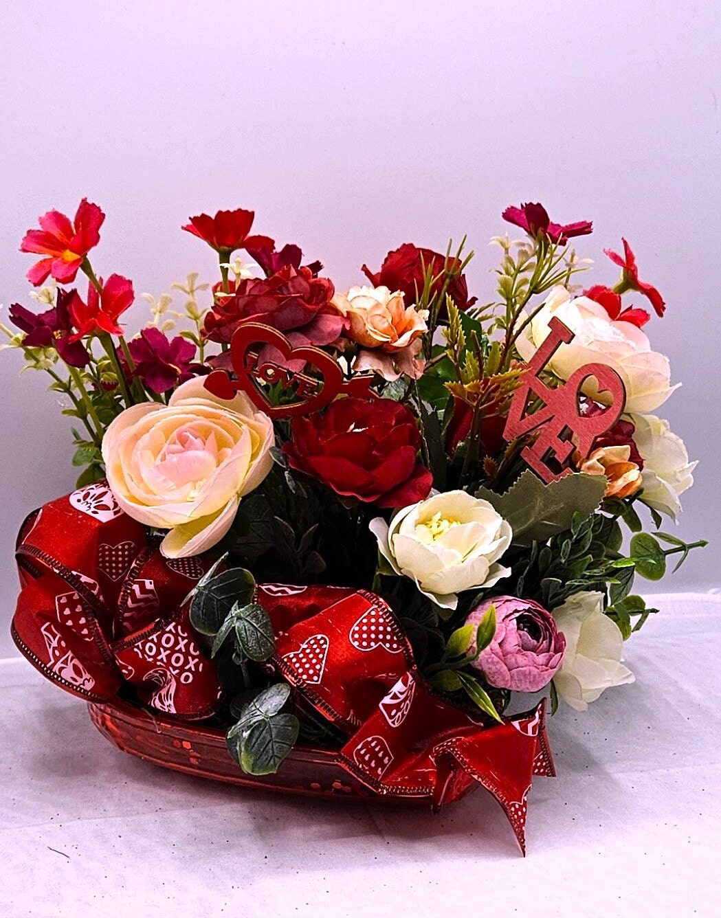 Heart-Shaped Romantic Flower Arrangement/Choose Cute Cat in Boot, Chihuahua Pups, or Big Bow/with Assorted Florals & Heart Love Signs