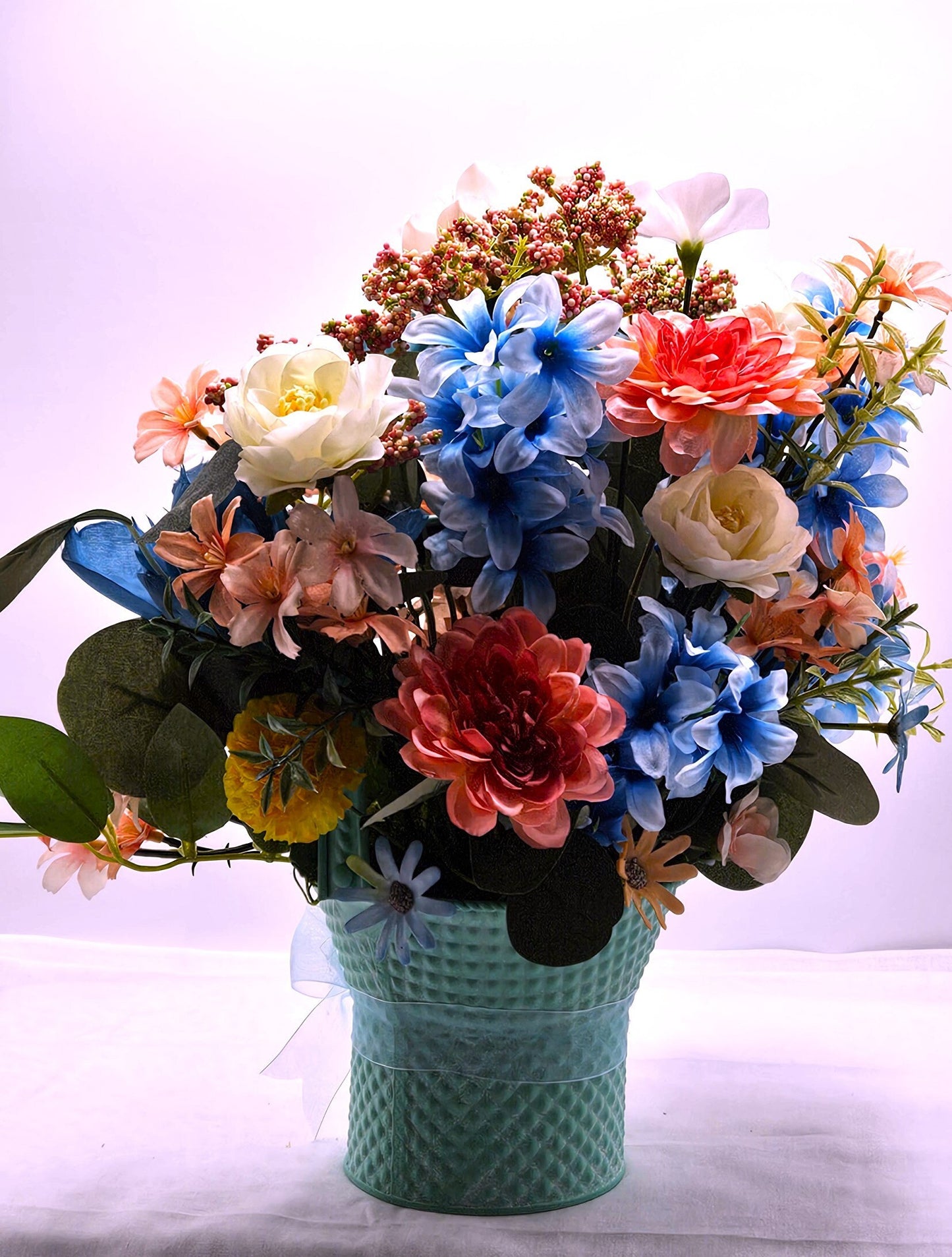 Charming Aqua Blue Metal Basket, Adorable Lambs Featuring, Pastel Spring Flowers, Sheer Ribbon Accent, Easter Decor