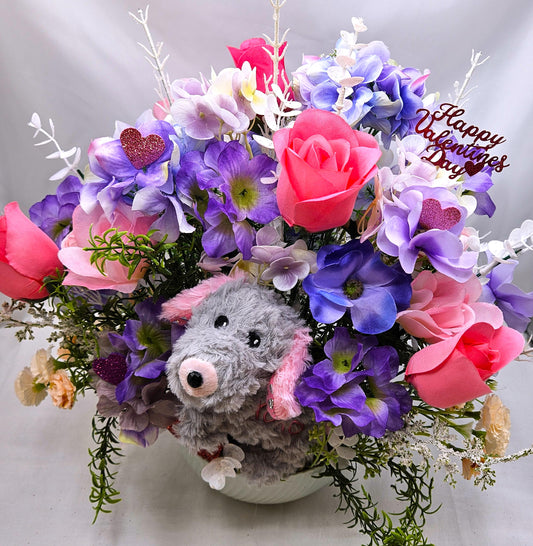 Valentine Romantic Decor, Fluffy Grey Puppy, Pink Roses Magic, Purple Flowers, White Glitter Shine, Gift, Greenery