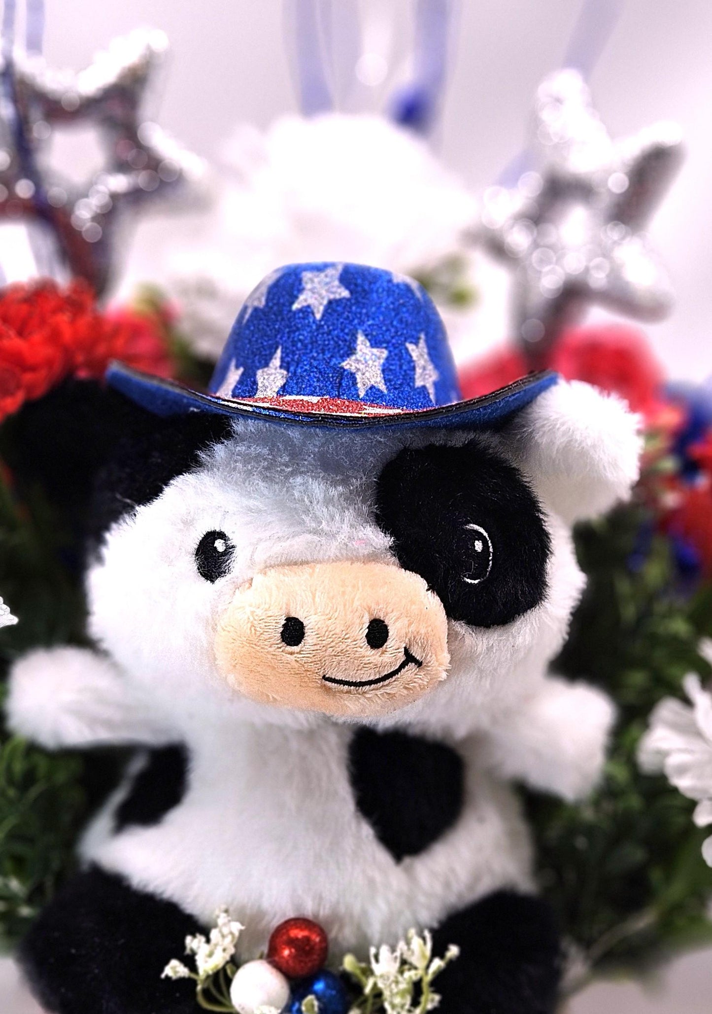 Great American Pride/Patriotic Floral Arrangements/2 Options/FireCracker or Cowboy Cow/Red/Whte/Blue Flowers/Stars Other Patriotic Accents